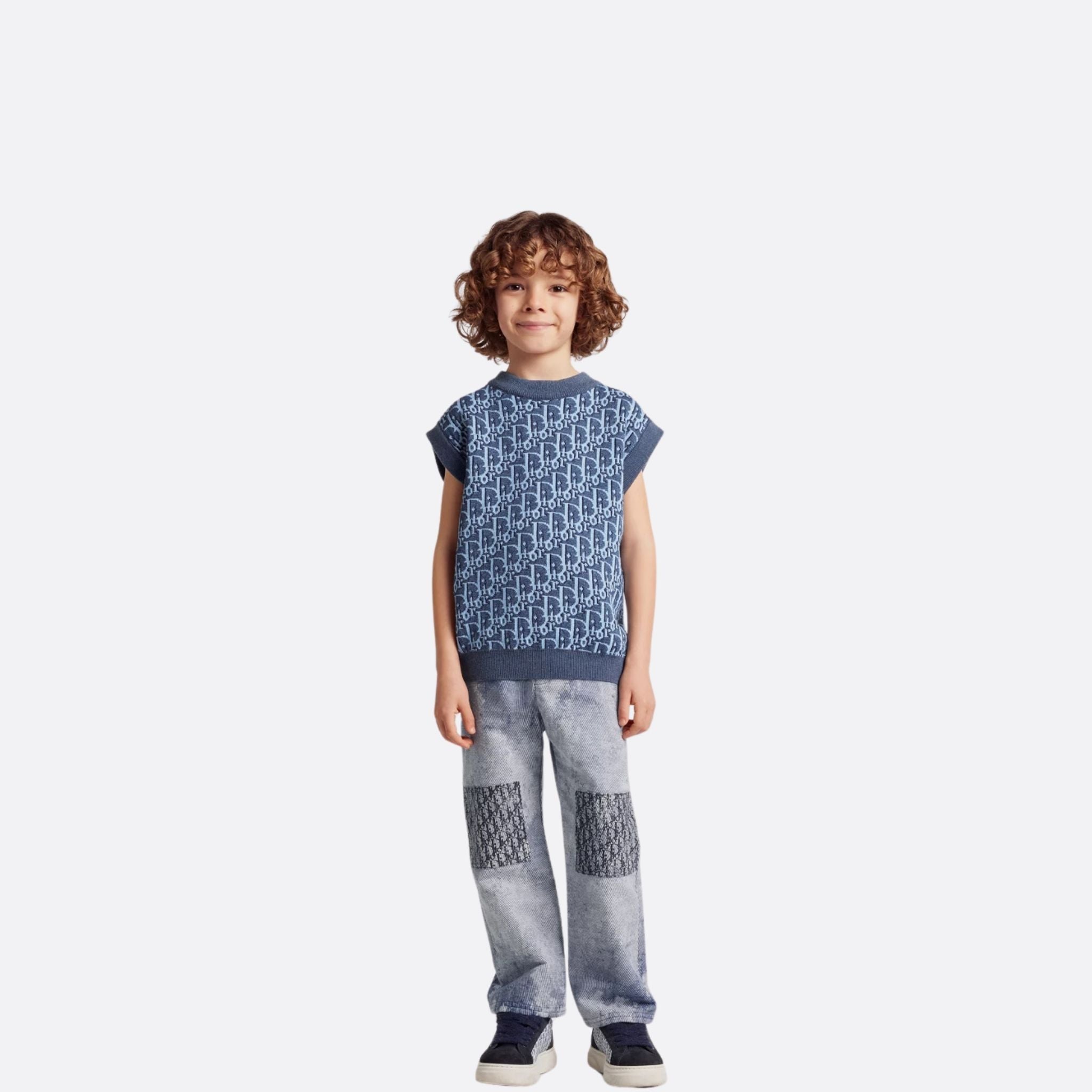 Dior Kids Sweater Vest Blue Oblique Cotton and Hemp Knit Jacquard, Model