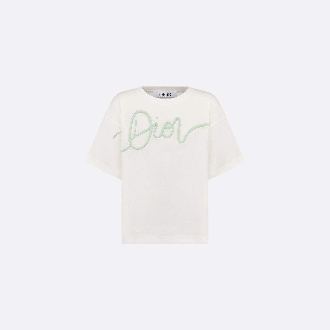 Dior Kids T-Shirt Ivory Cotton Jersey Mint Green Dior Embroidery, Front