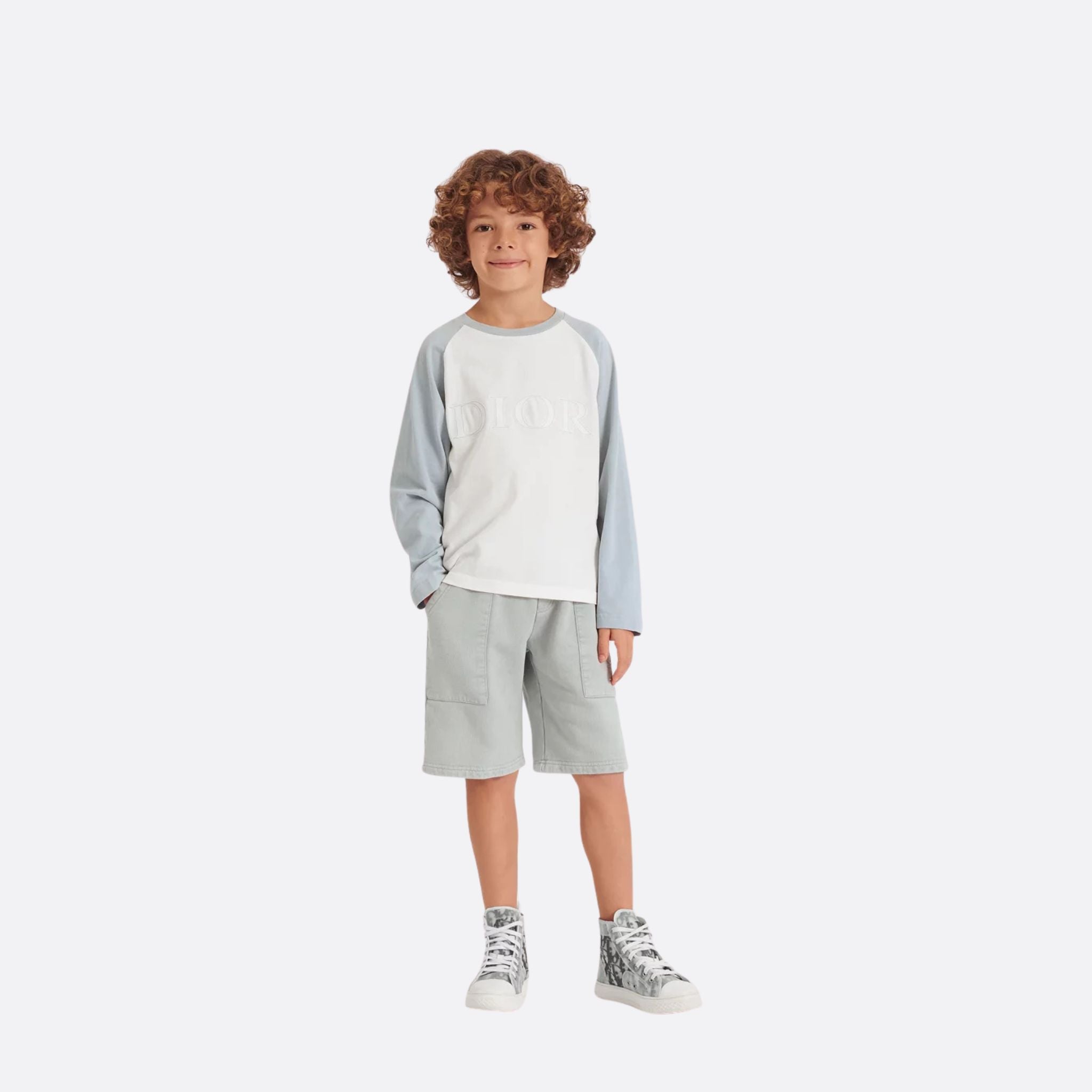 Dior Kids Track Shorts Gray-Blue Cotton Fleece, Model