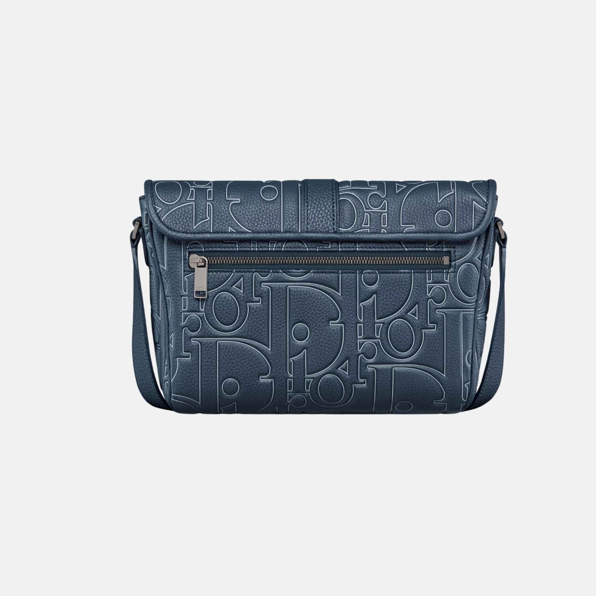 Dior Medium Daily Messenger Bag With Flap In Leather And Grained Calfskin, Navy Blue, Back