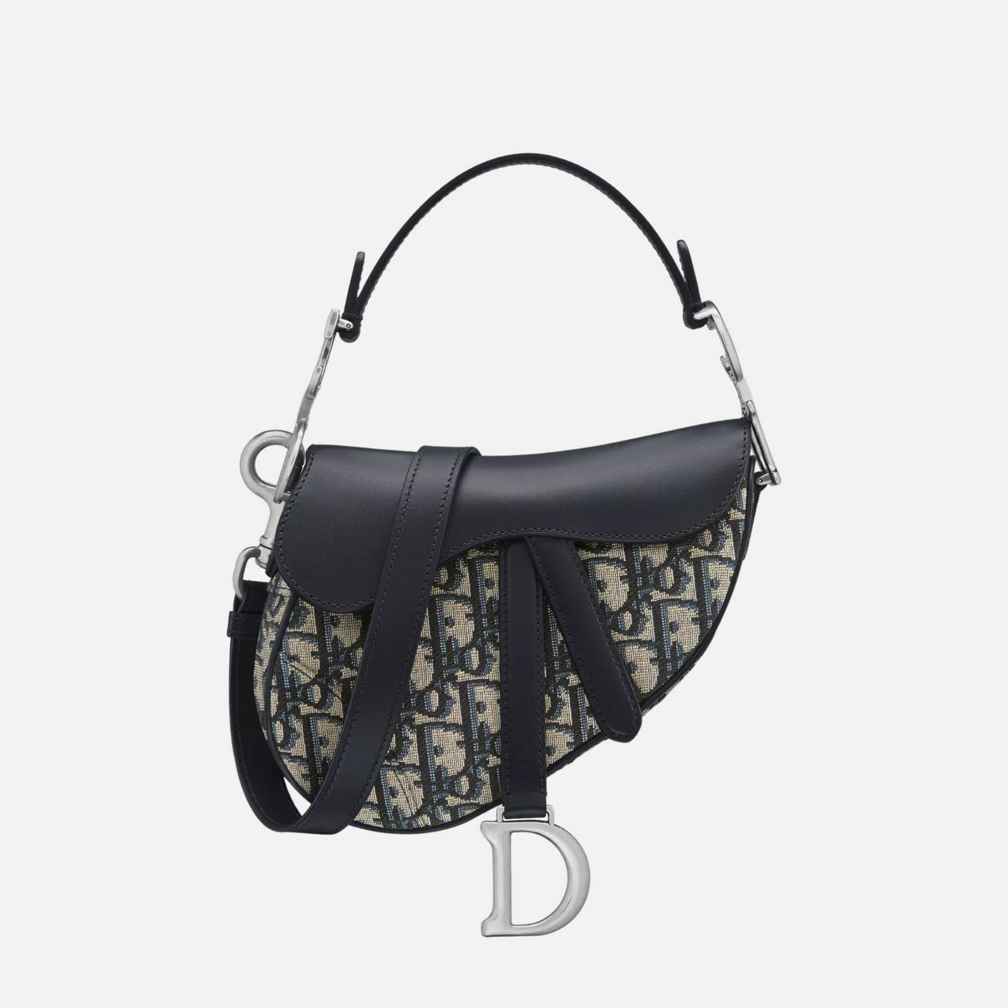 Dior Mini Saddle Bag With Strap In Oblique Jacquard, Blue, Front
