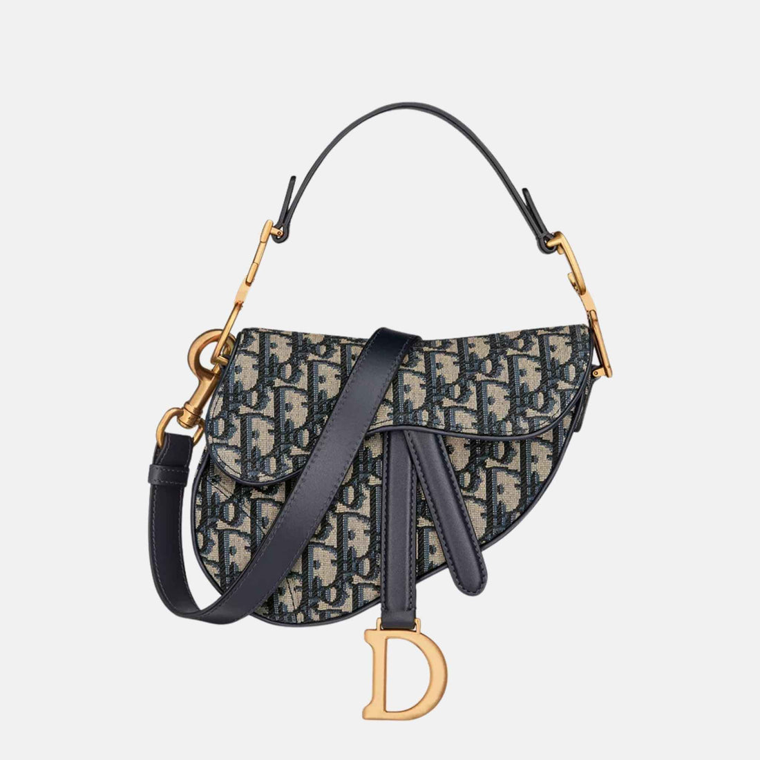 Dior Mini Saddle Bag With Strap In Oblique Jacquard, Navy Blue, Front