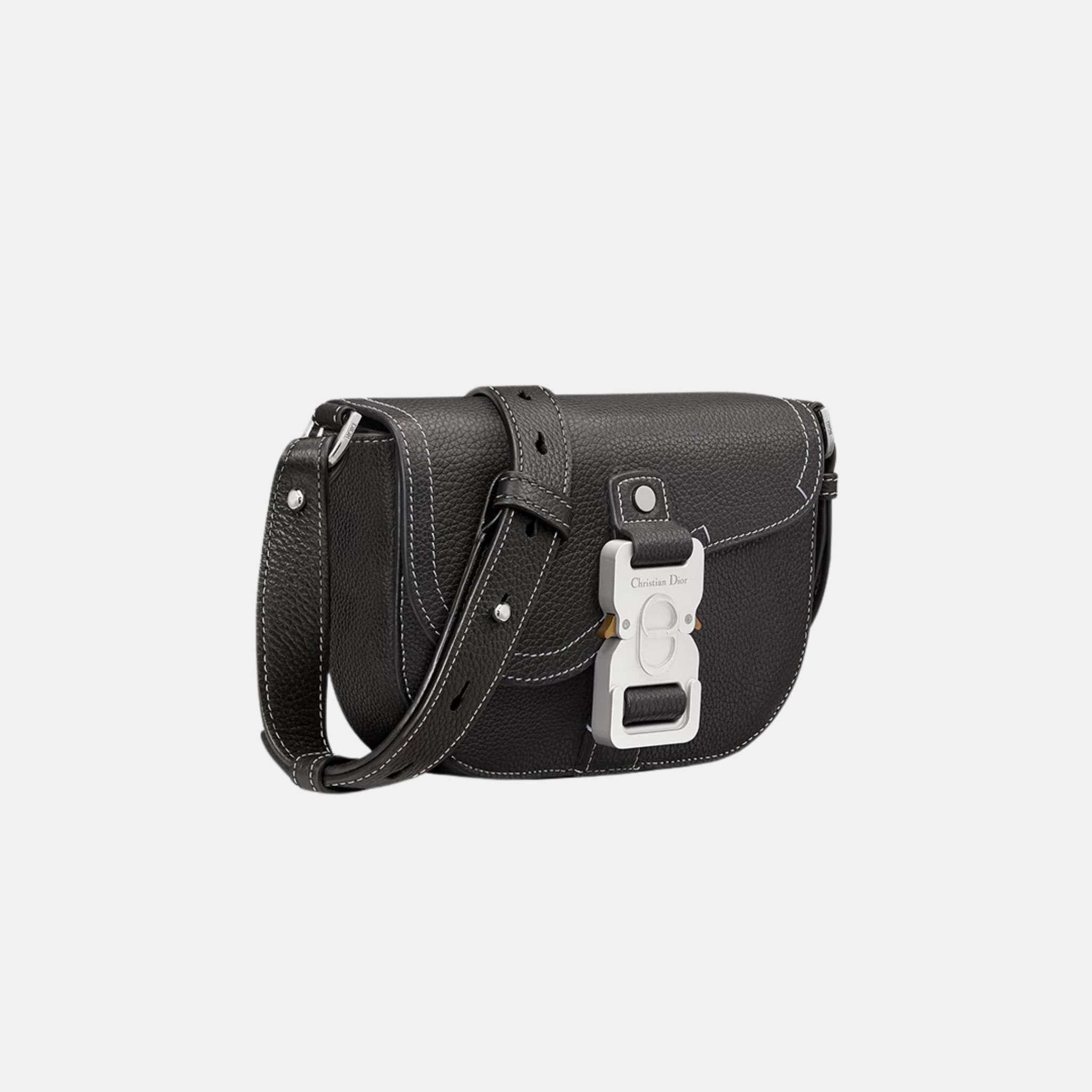 Dior Mini Saddle Messenger Bag With Flap In Black Grained Calfskin, Side