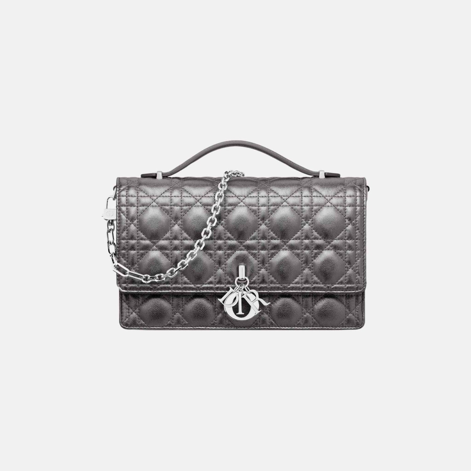 Dior My Dior Top Handle Bag In Metallic Silver Cannage Calfskin, Front