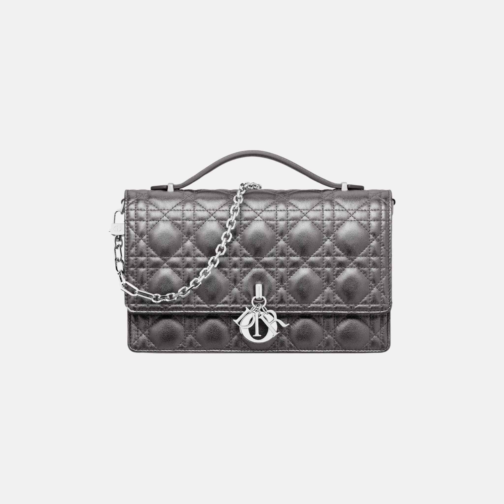 Dior My Dior Top Handle Bag In Metallic Silver Cannage Calfskin, Front