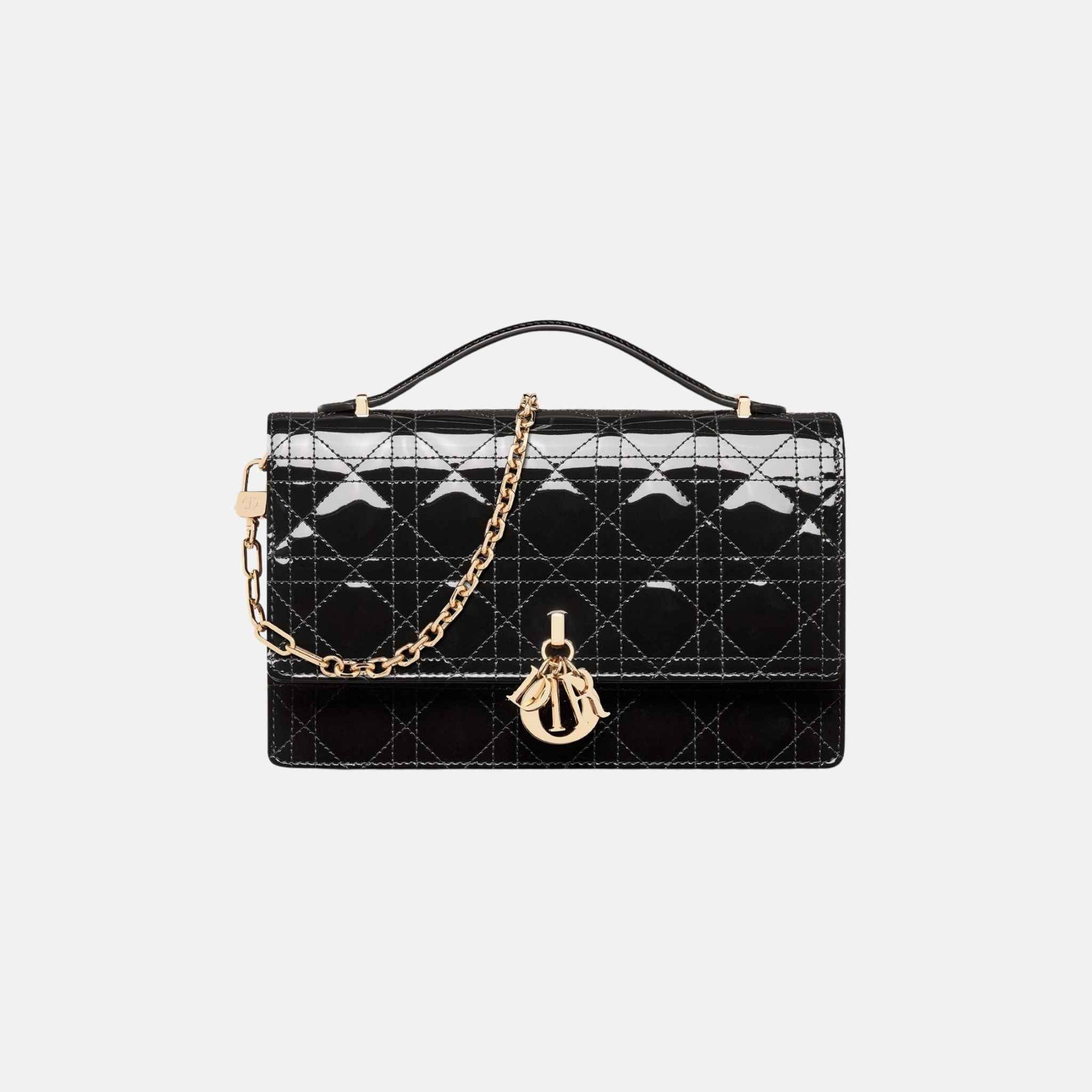 Dior My Dior Top Handle Bag In Patent Cannage Calfskin, Black, Front