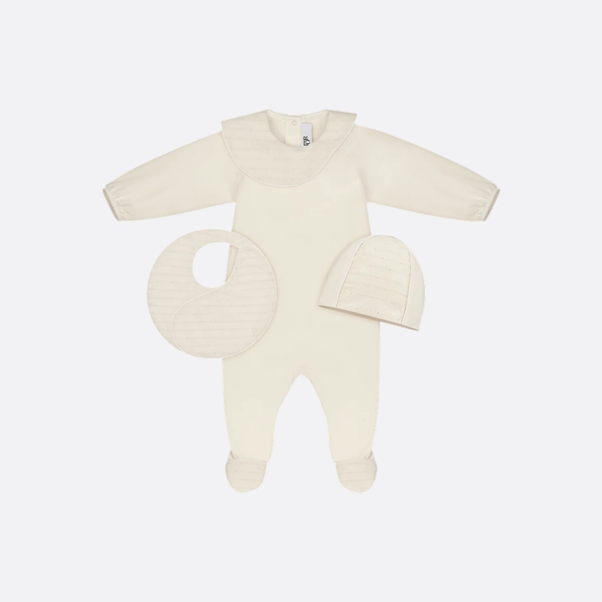 Dior Newborn Gift Set Ivory Cotton Voile Jersey with Gold Tone Cannage, FrontView