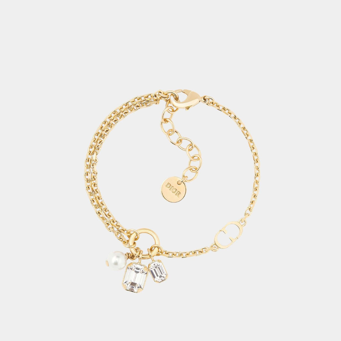 Dior Petit Cd Bracelet Gold Finish Metal With A White Resin Pearl And Silver-Tone Crystals, Front