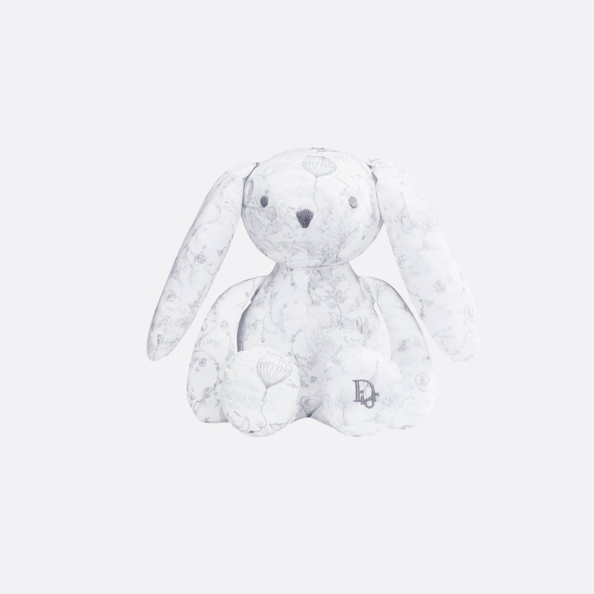 Dior Rabbit Stuffed Toy White Cotton Satin with Toile de Jouy Print, Gray, Front