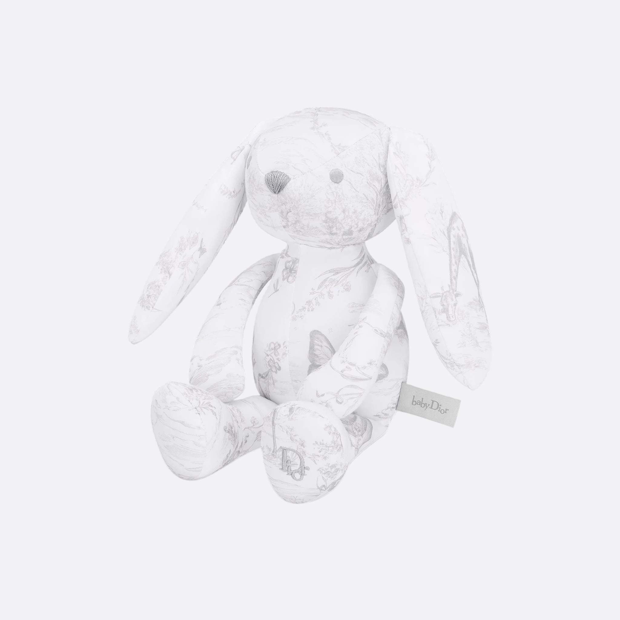 Dior Rabbit Stuffed Toy White Cotton Satin with Toile de Jouy Print, Gray, Side