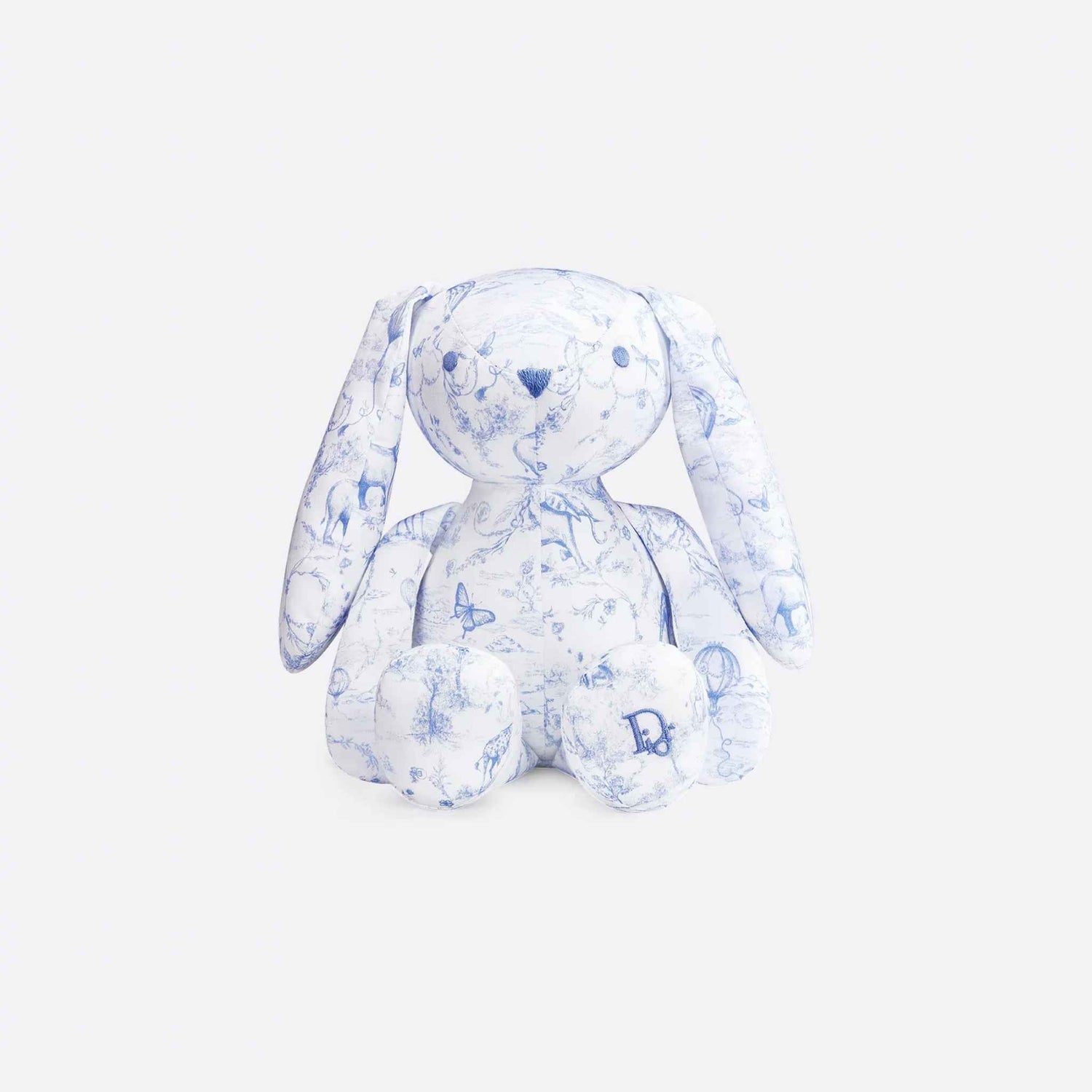 Dior Rabbit Stuffed Toy White Cotton Satin with Toile de Jouy Print, Light Blue, Front