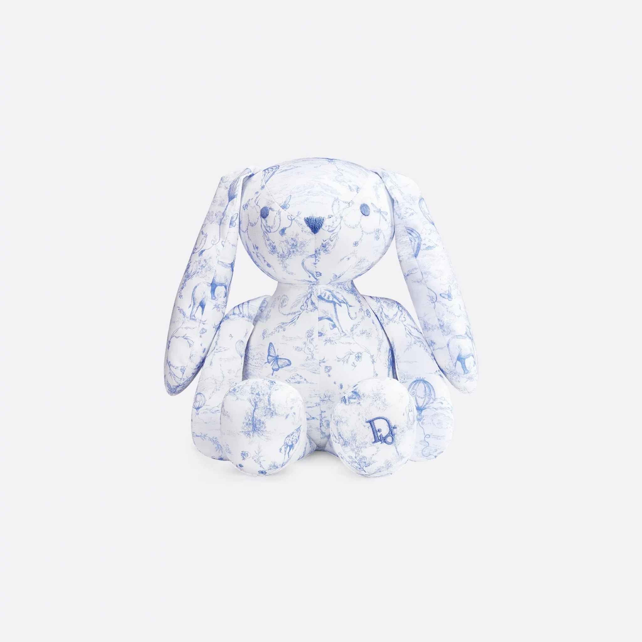 Dior Rabbit Stuffed Toy White Cotton Satin with Toile de Jouy Print, Light Blue, Front