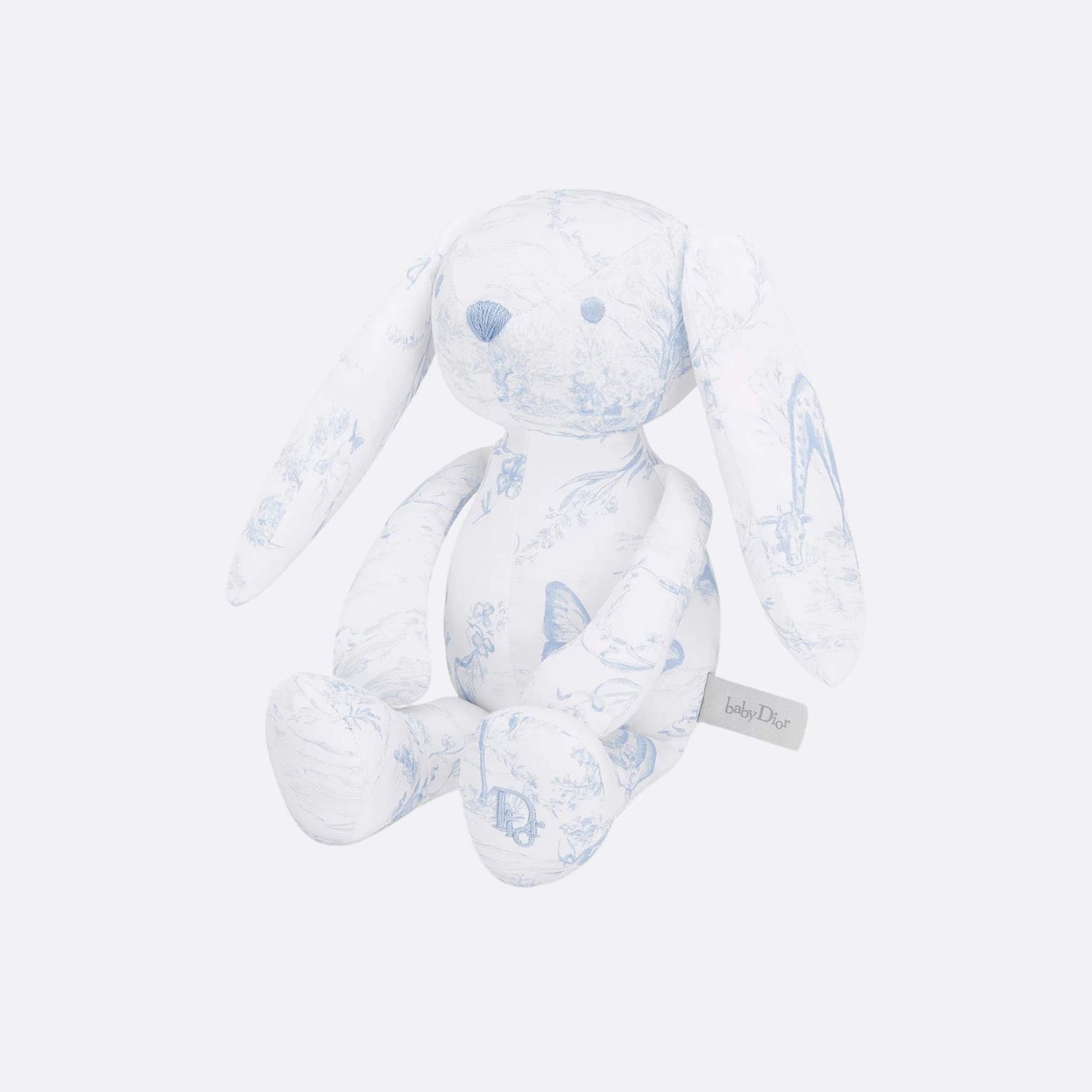 Dior Rabbit Stuffed Toy White Cotton Satin with Toile de Jouy Print, Light Blue, Side