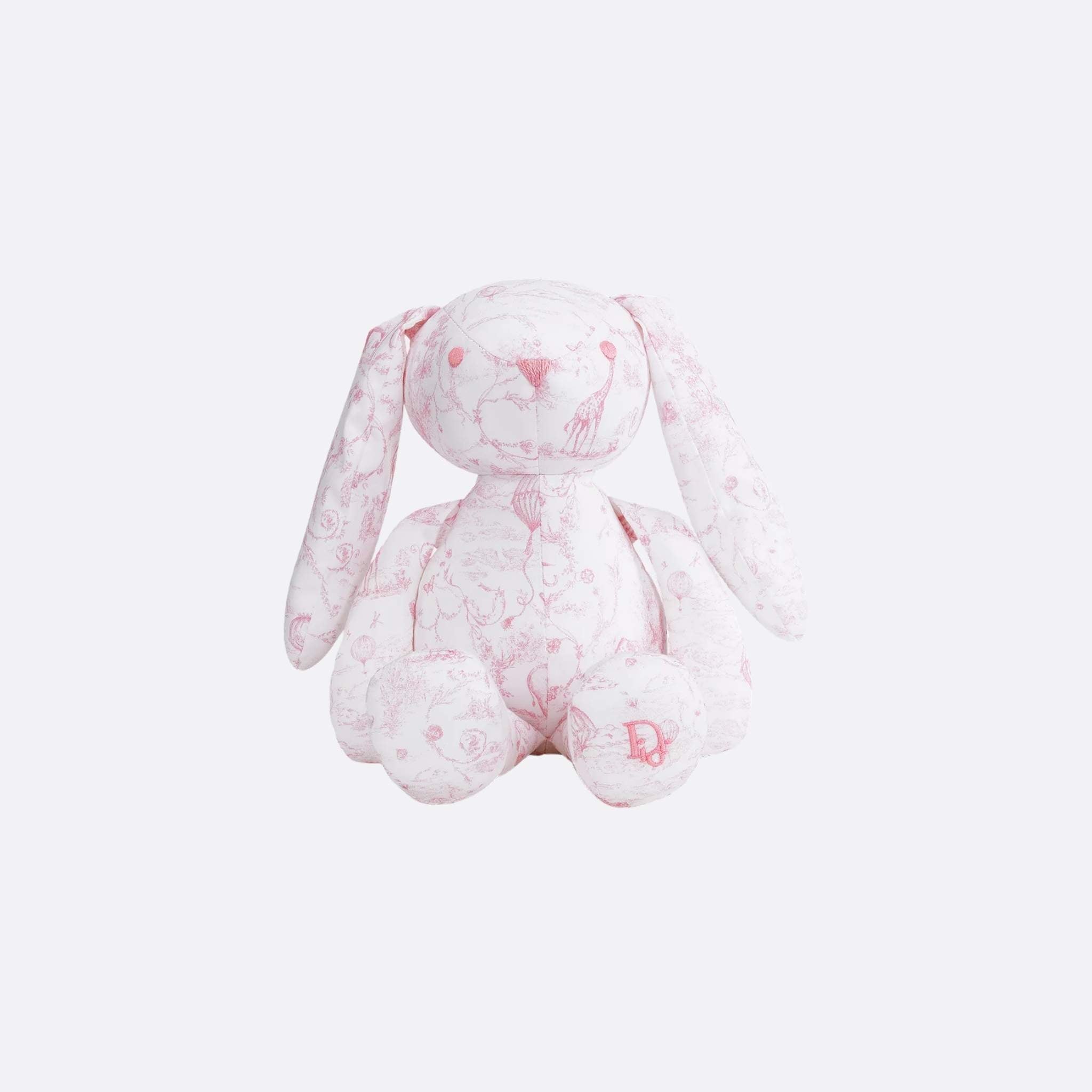 Dior Rabbit Stuffed Toy White Cotton Satin with Toile de Jouy Print, Pale Pink, Front