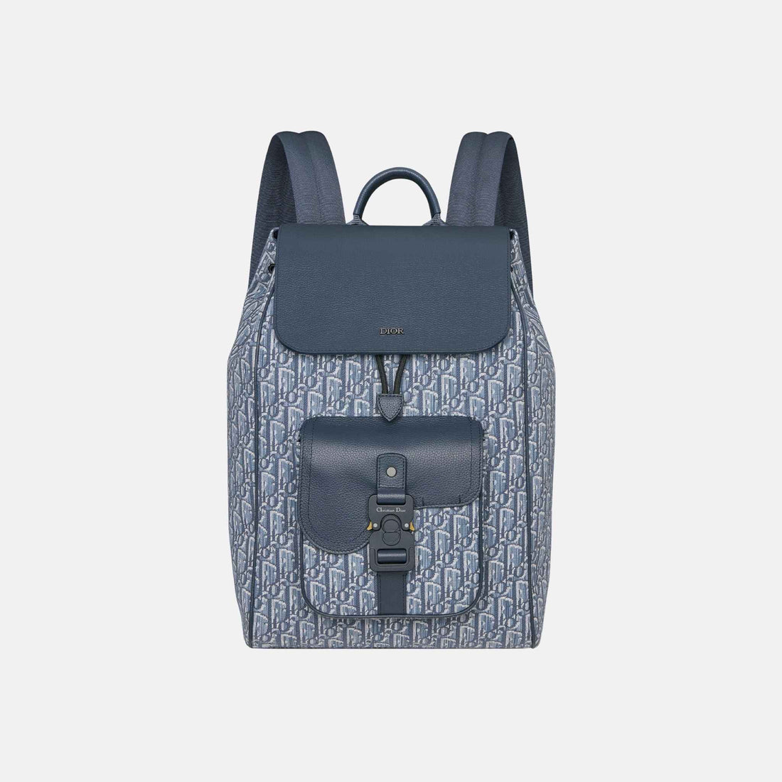 Dior Saddle Backpack With Flap In Oblique Jacquard And Grained Calfskin, Blue, Front