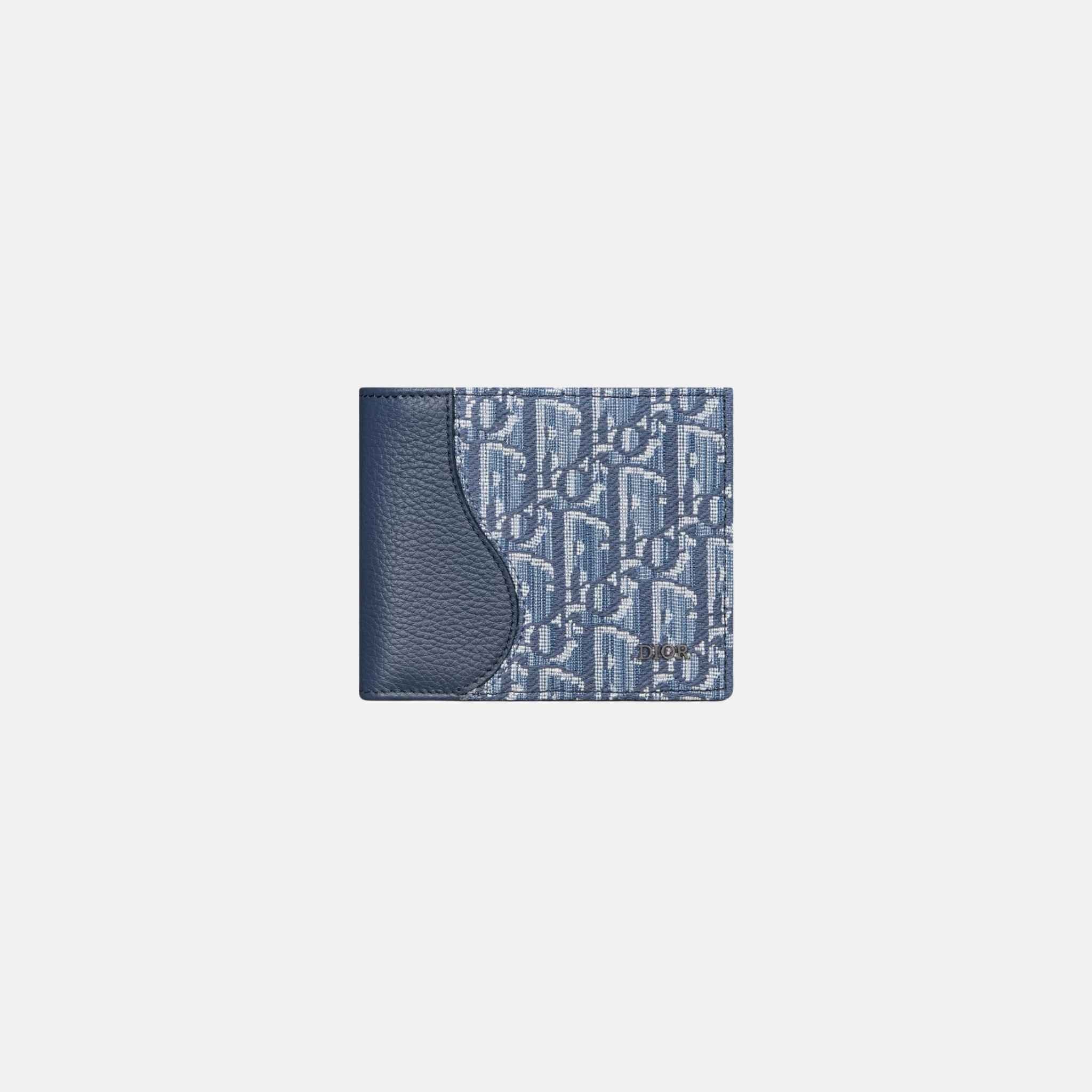 Dior Saddle Bifold Wallet In Grained Calfskin Marquetry Jacquard, Blue, Front