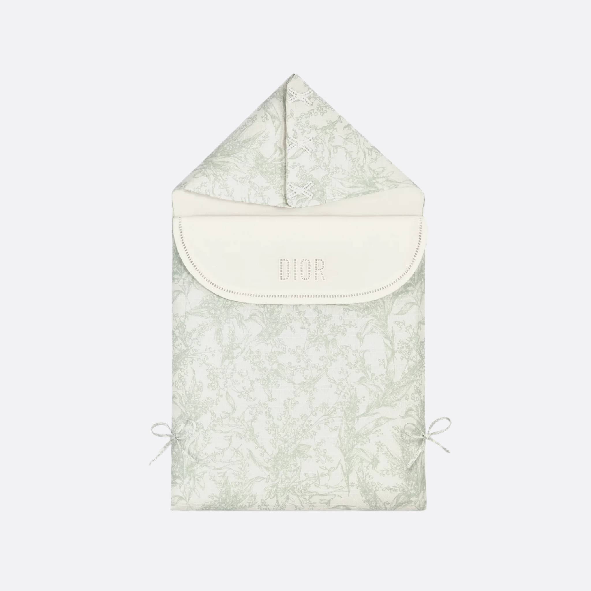 Dior Sleeping Bag Ivory Cotton Voile with Cannage Jacquard and Lily of the Valley Print, Green, Front