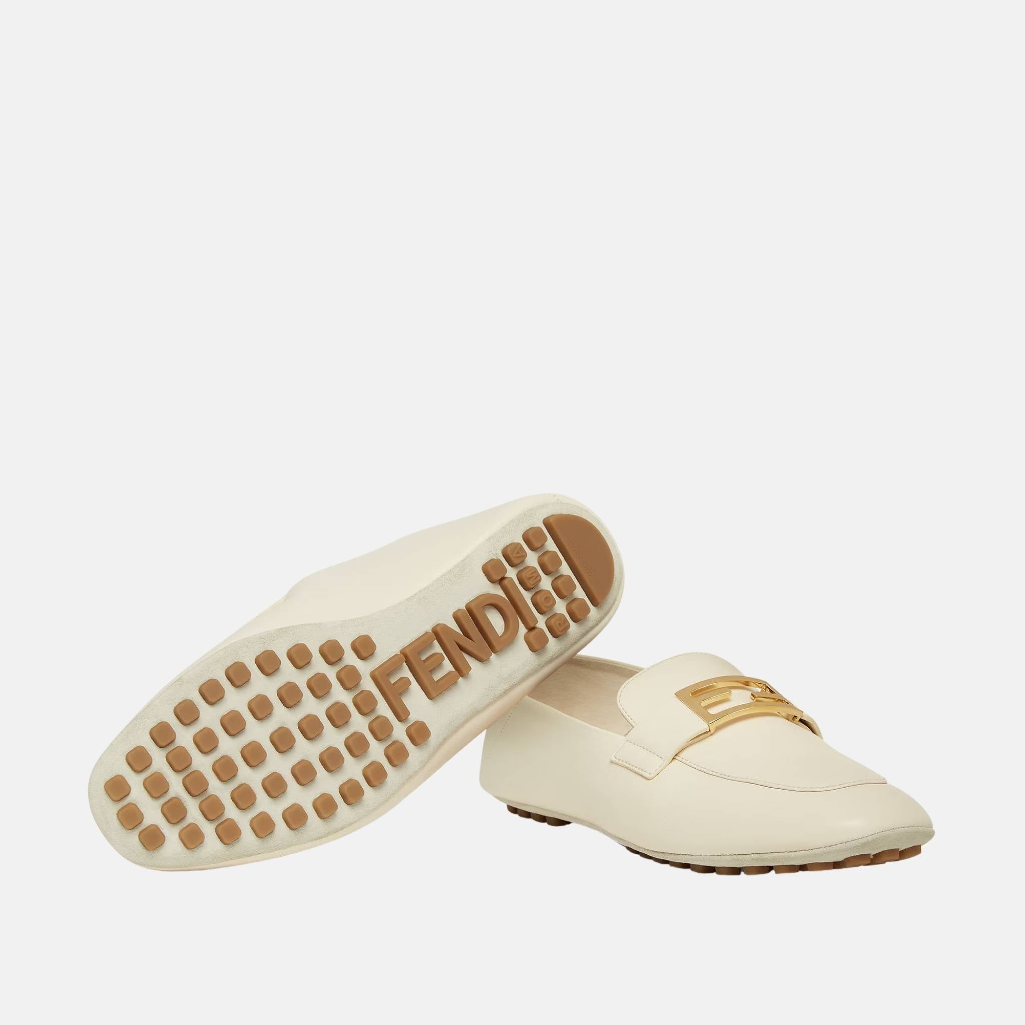 Fendi Baguette Leather Loafers, White, Full