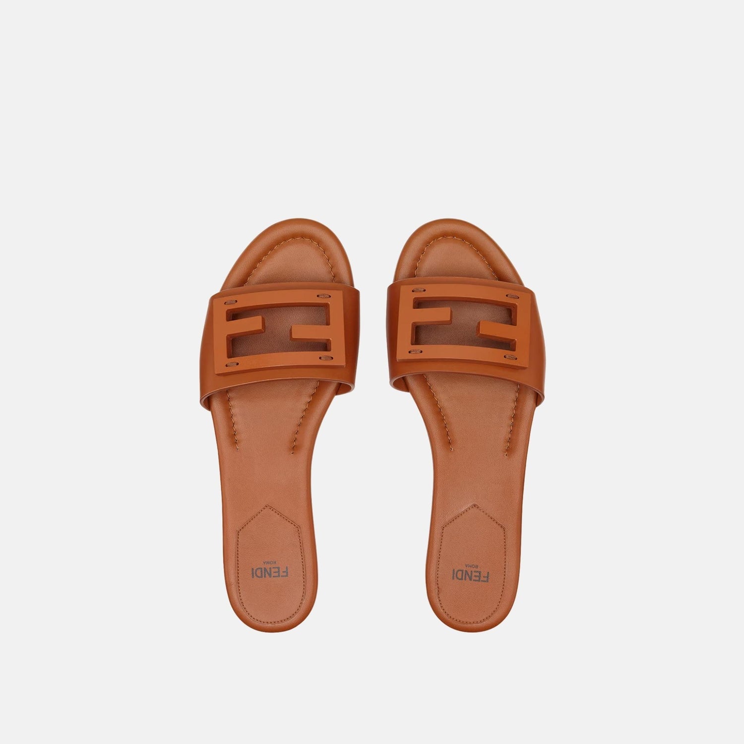 Fendi Baguette Slides In Leather, Brown, Top