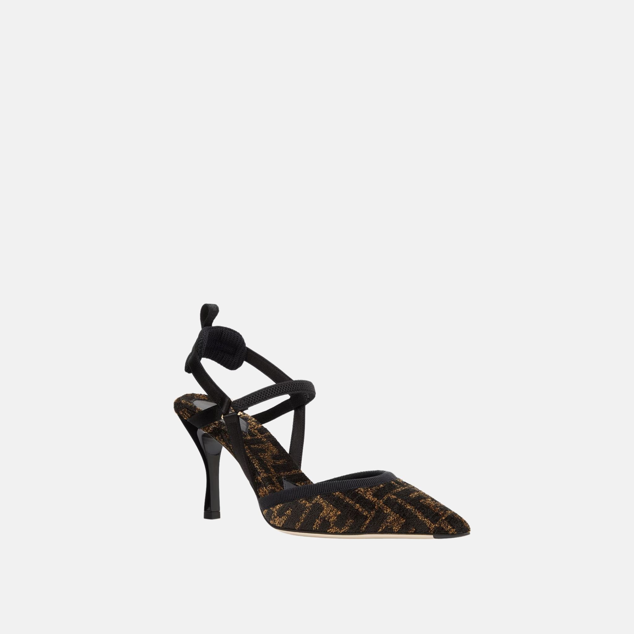 Fendi Colibri Lite High Heeled Slingbacks In Black Chenille, Front