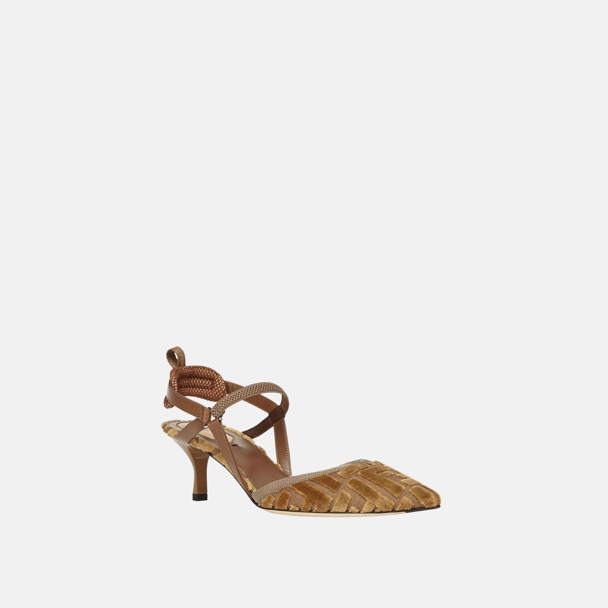 Fendi Colibri Lite Medium Heeled Slingbacks In FF Jacquard Velvet, Brown, Front
