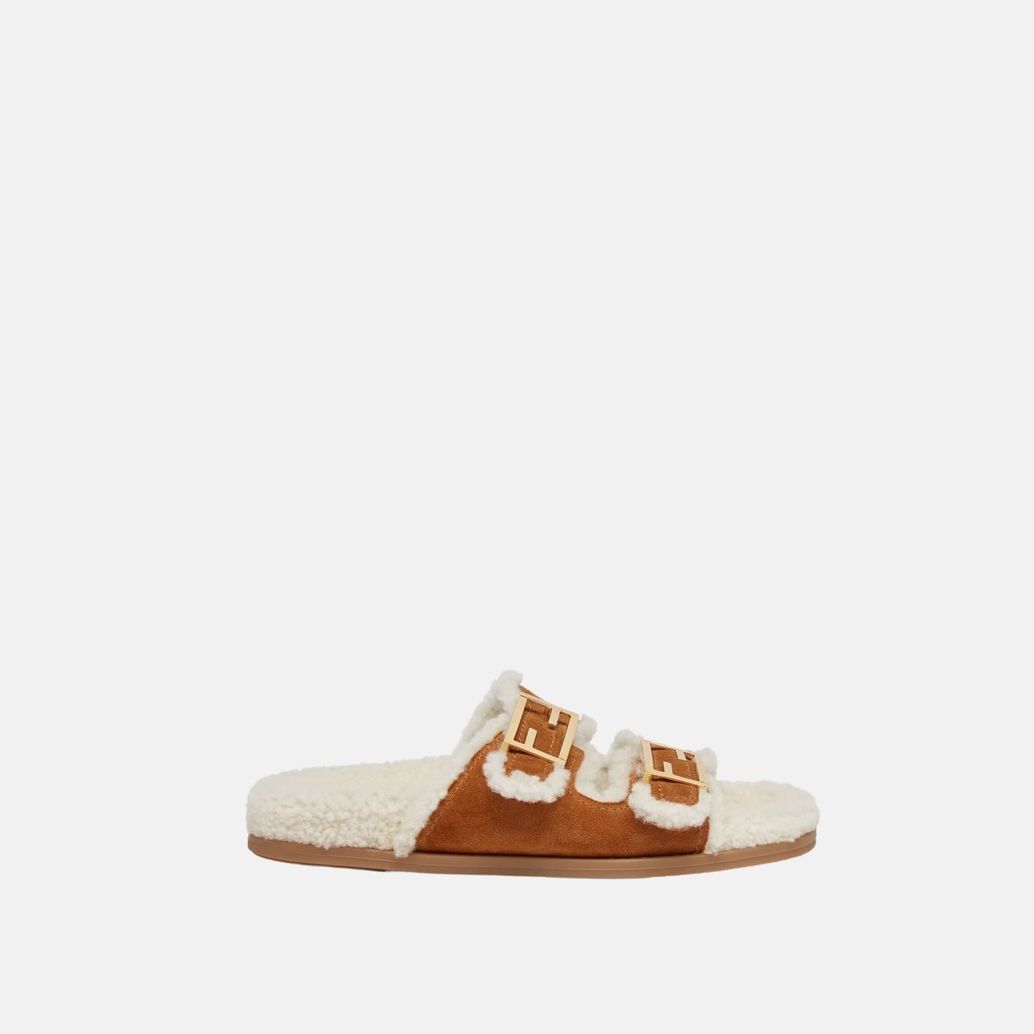 Fendi Feel Slides In Brown Sheepskin, Side