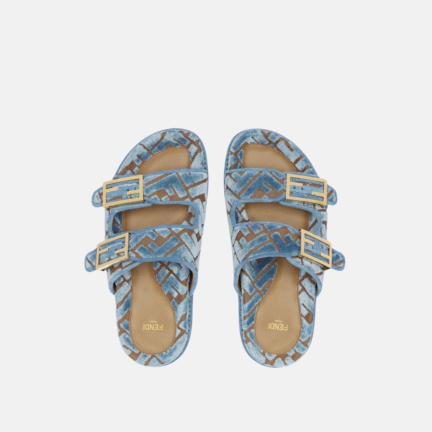 Fendi Feel Slides In FF Jacquard Velvet, Blue, Top
