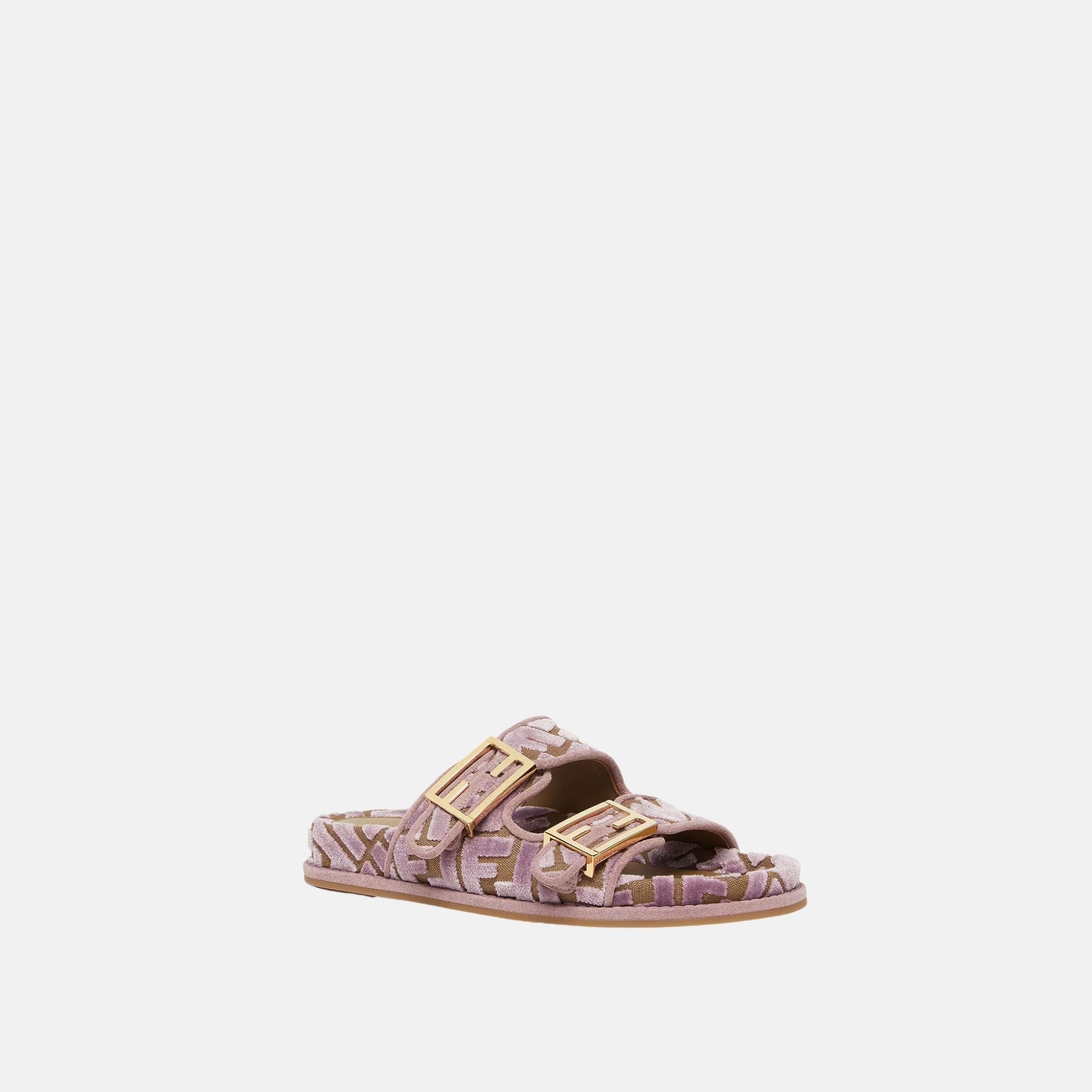 Fendi Feel Slides In FF Jacquard Velvet, Pink, Front
