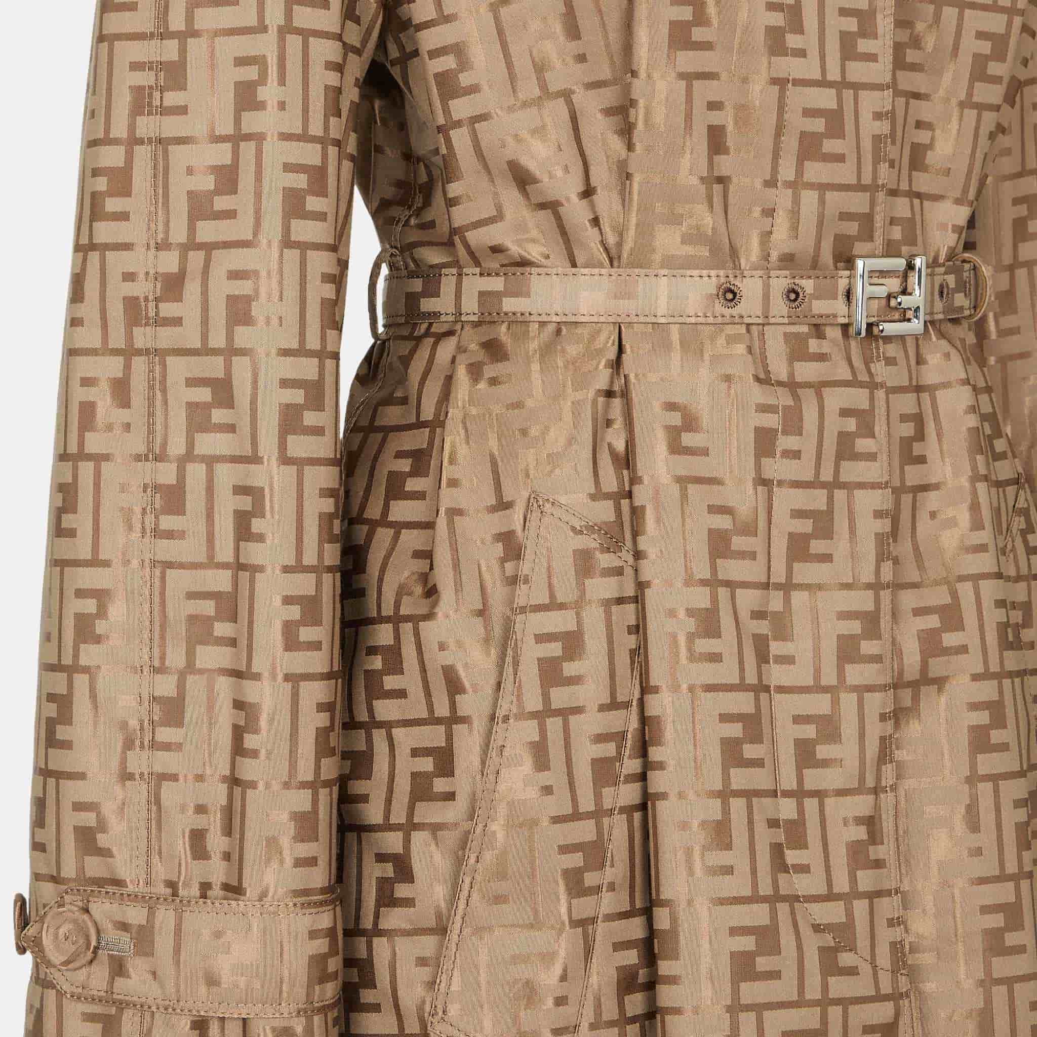 Fendi Overcoat In Beige FF Jacquard Fabric Trench, Close
