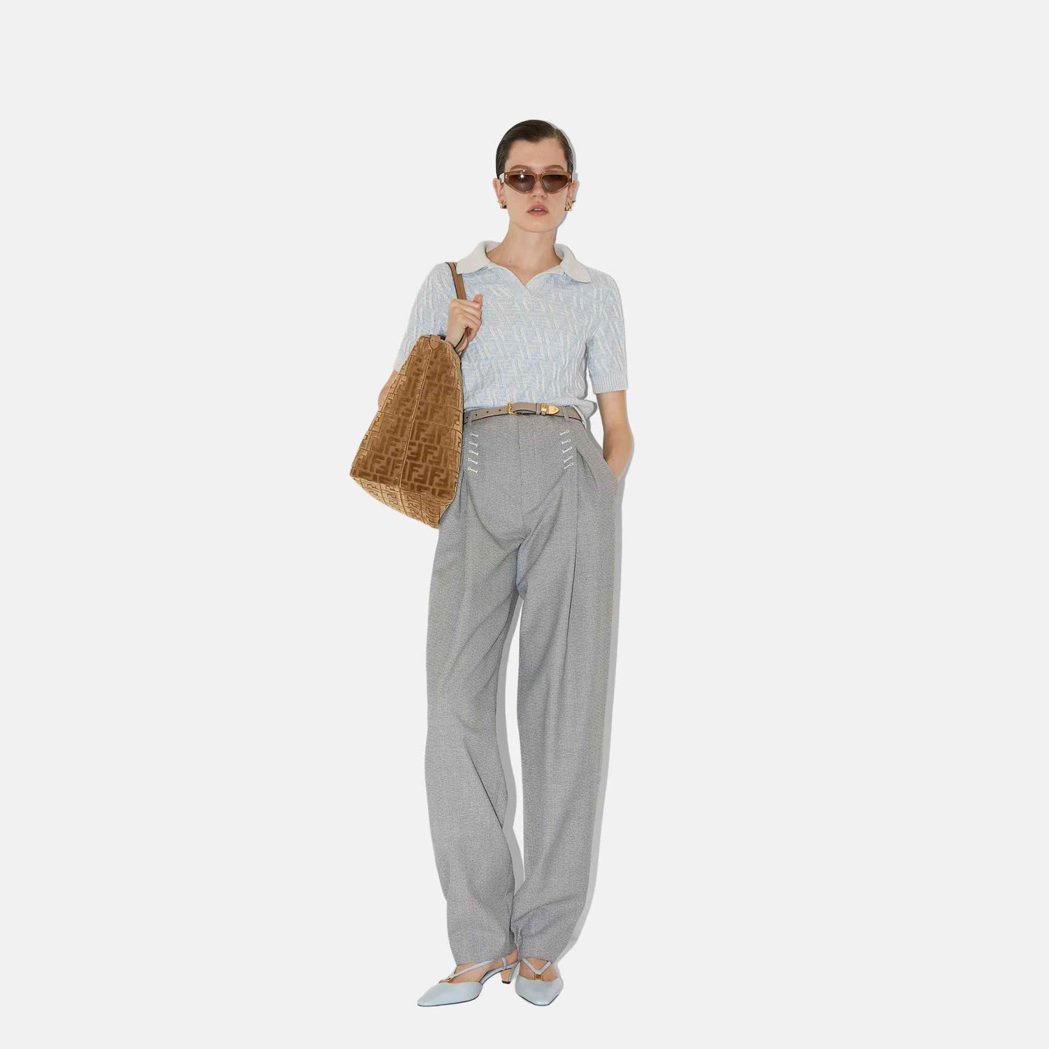 Fendi Trousers In Grey Pinstriped Wool, Model