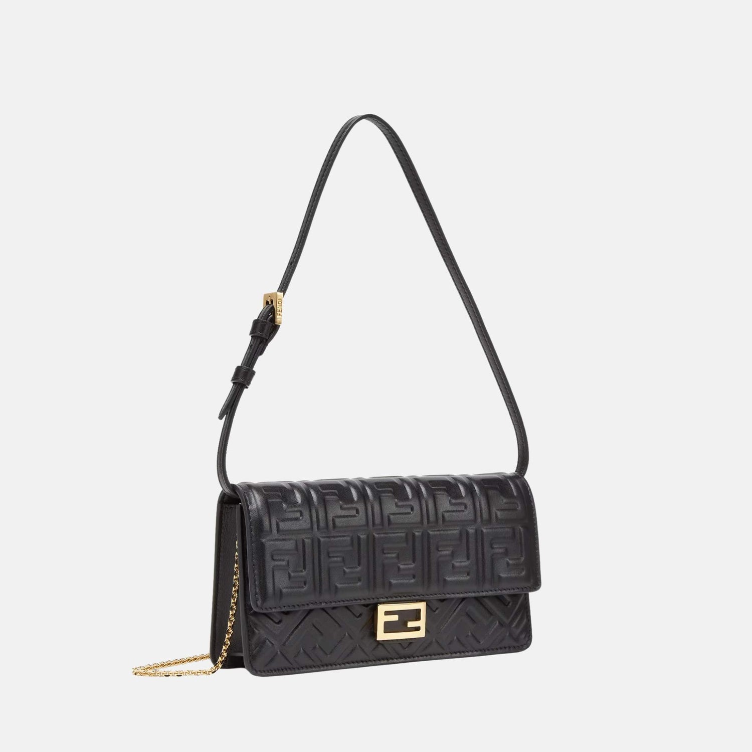 Fendi Wallet On Chain Baguette In Leather, Black, Side