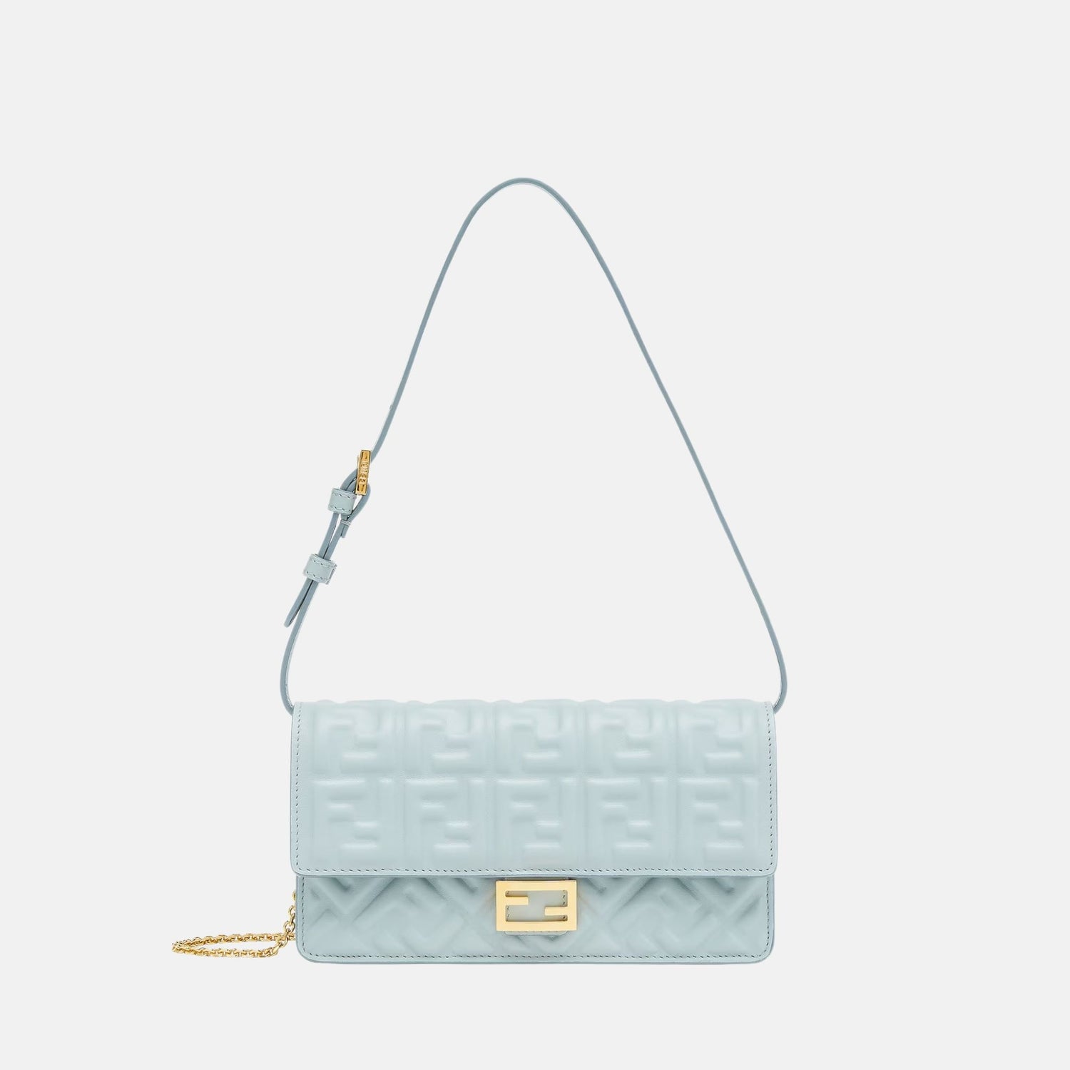 Fendi Wallet On Chain Baguette In Leather, Light Blue, Inside