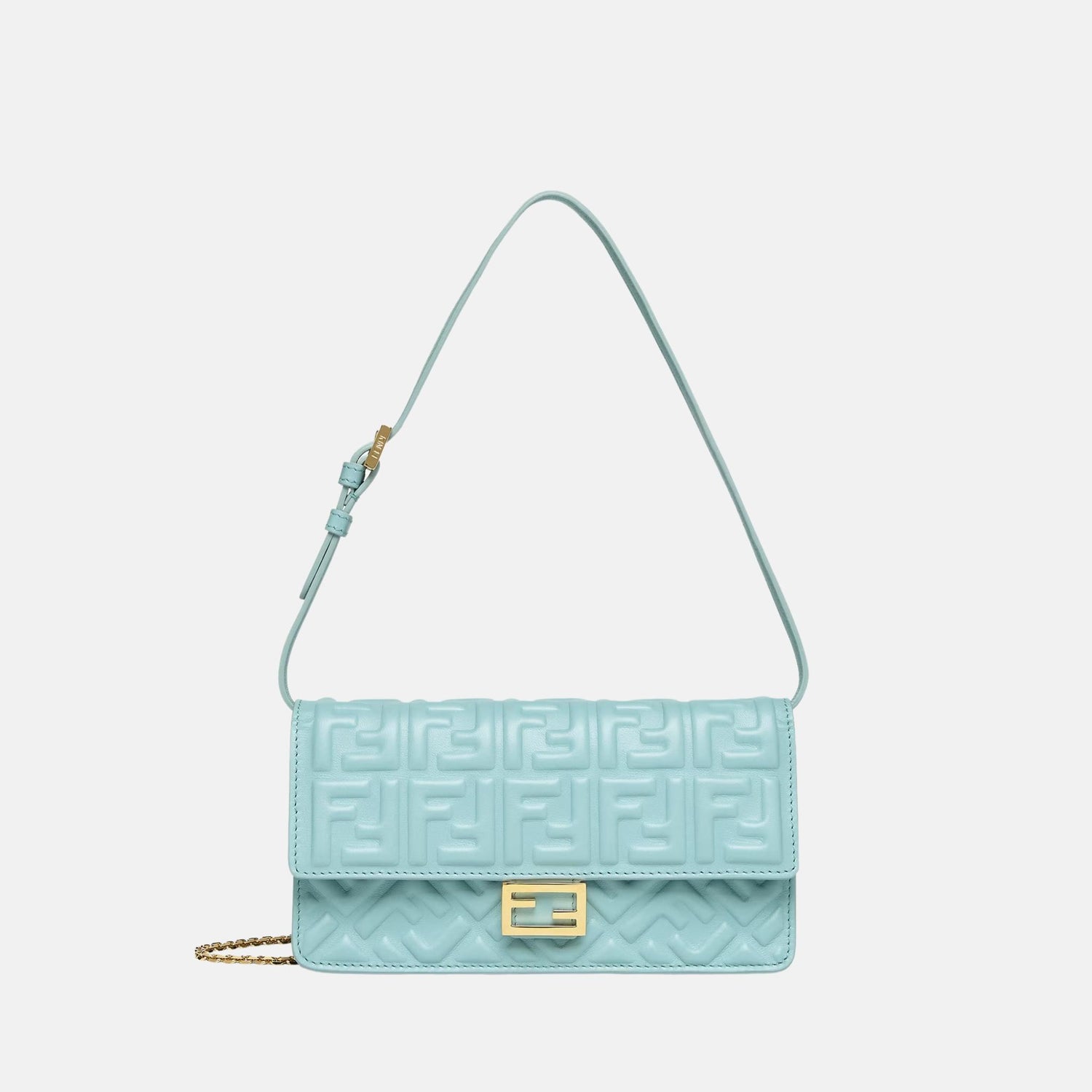 Fendi Wallet On Chain Baguette In Leather, Sky Blue, Front