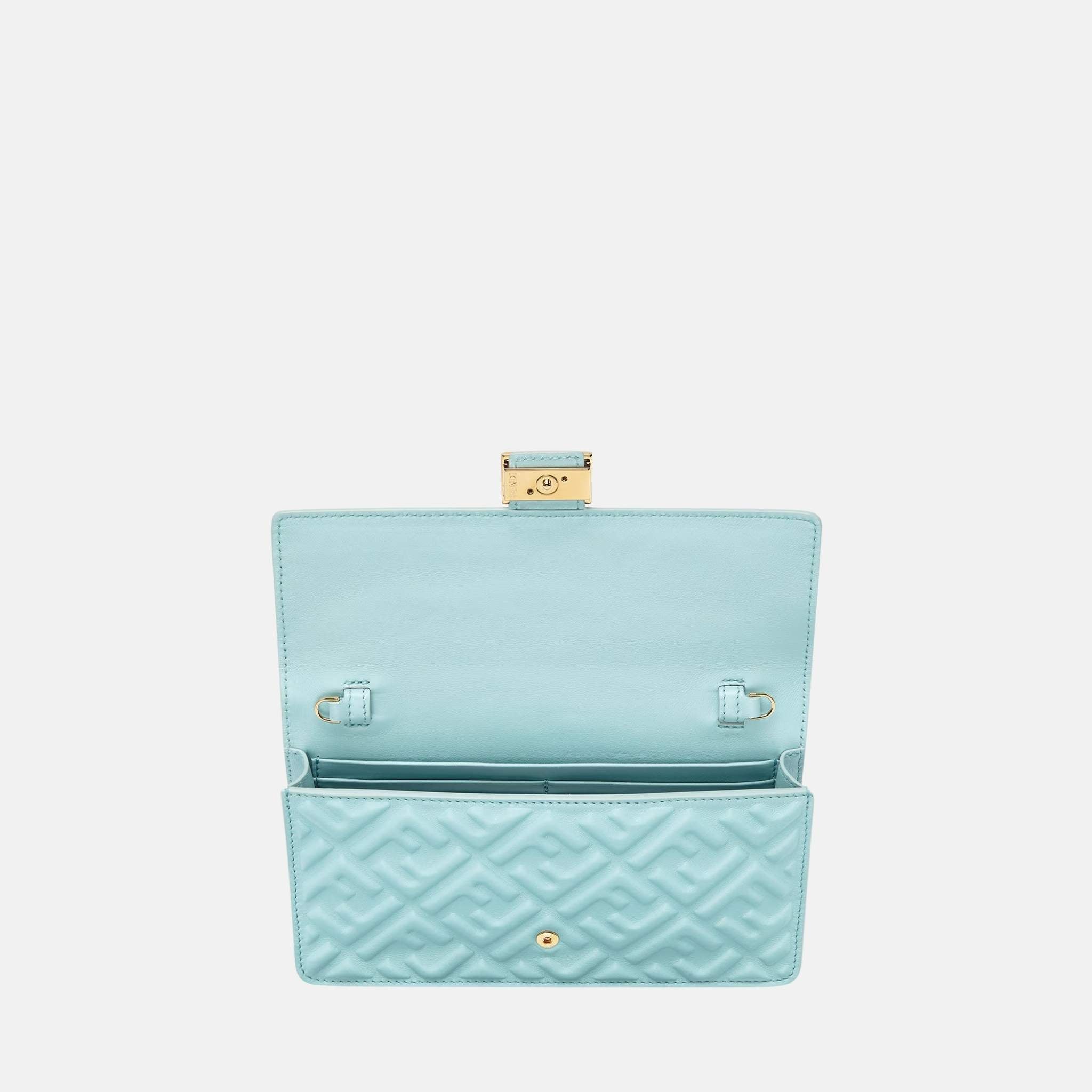 Fendi Wallet On Chain Baguette In Leather, Sky Blue, Inside