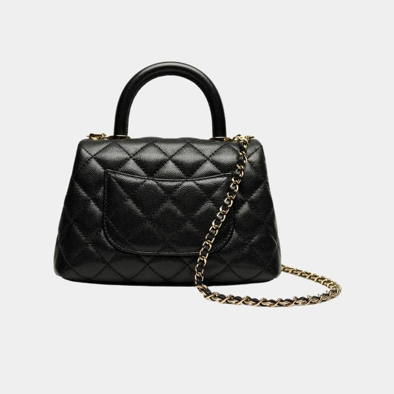 Flap Bag With Top Handle, Grained Calfskin &amp; Gold-Tone Metal, Black, Back View