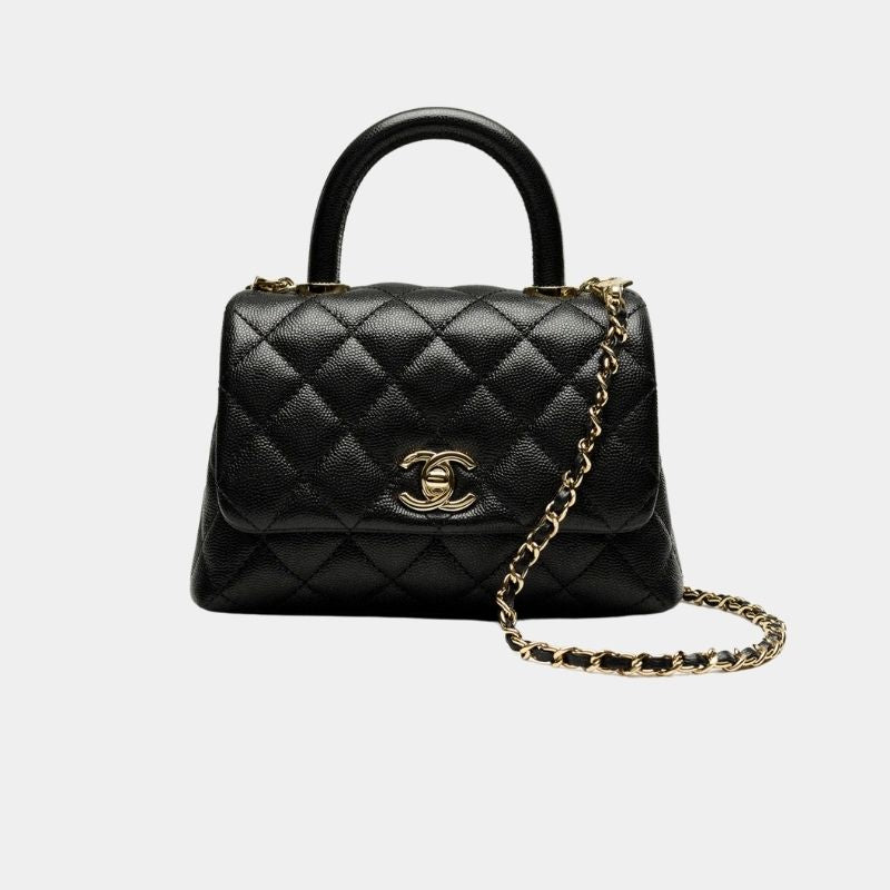 Flap Bag With Top Handle, Grained Calfskin &amp; Gold-Tone Metal, Black, Front View