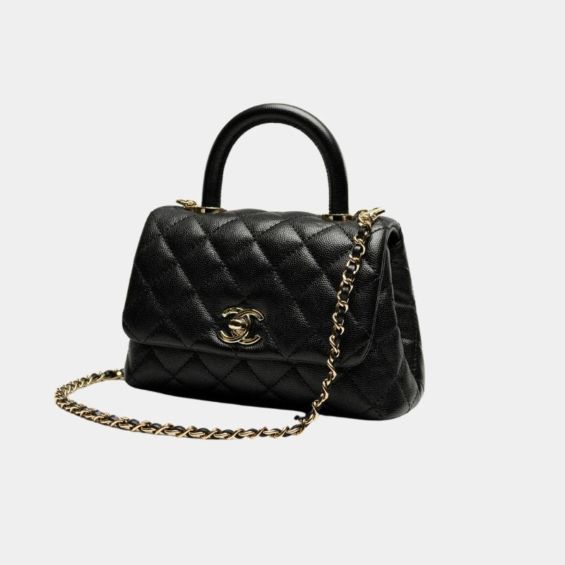 Flap Bag With Top Handle, Grained Calfskin &amp; Gold-Tone Metal, Black, Side View