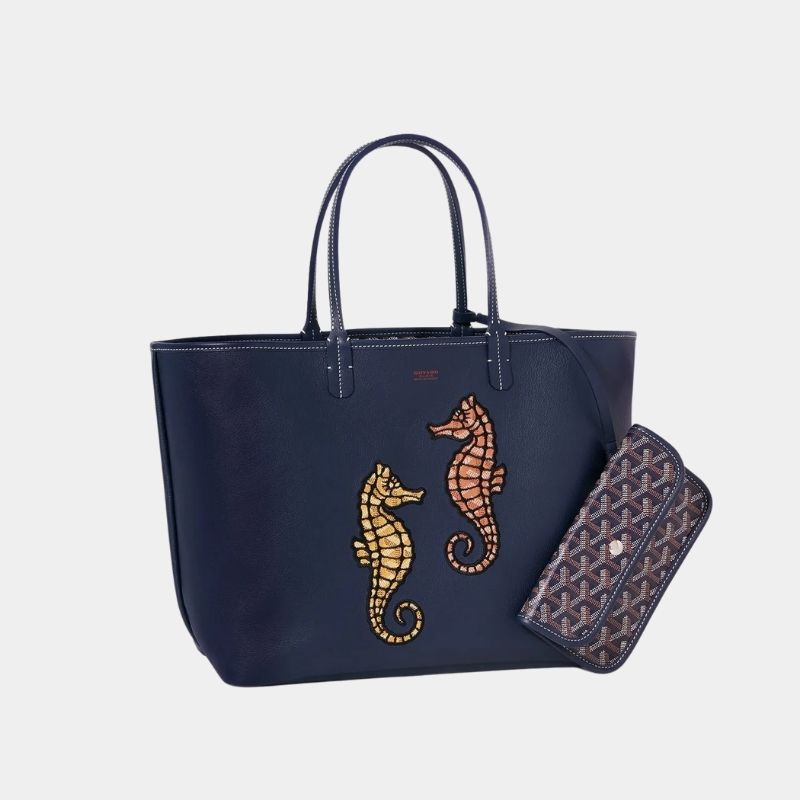 Goyard Anjou PM Seahorse Embroidery, Navy Blue, Back View