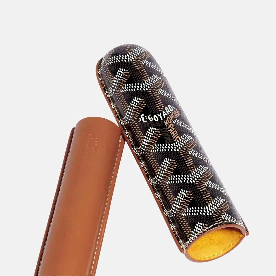 حافظة سيجار مفردة Goyard تشرتشل، باللونين الأسود والبني، مفتوحة