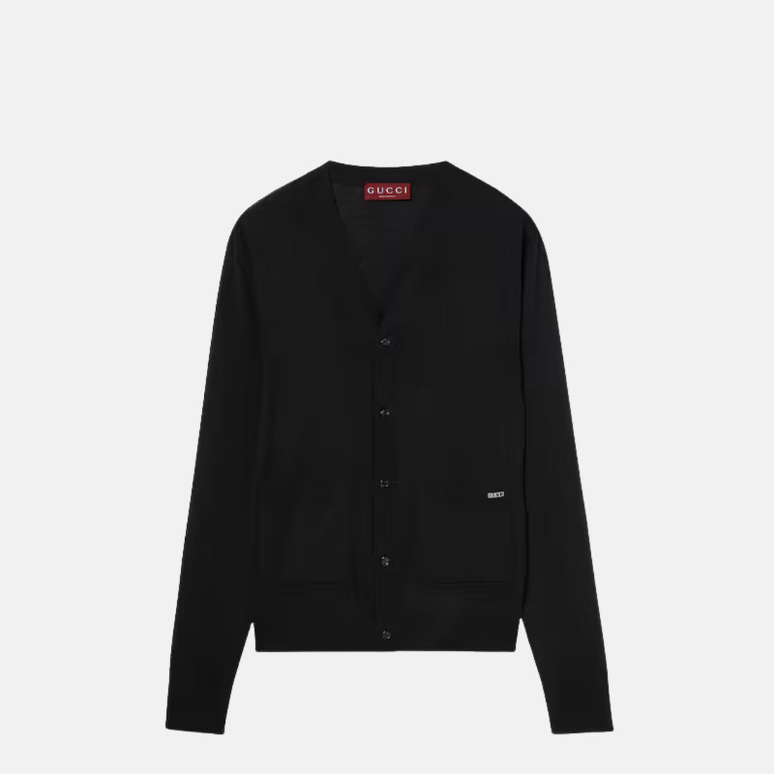 Gucci Fine Wool Knit Cardigan With Intarsia, Black, Front