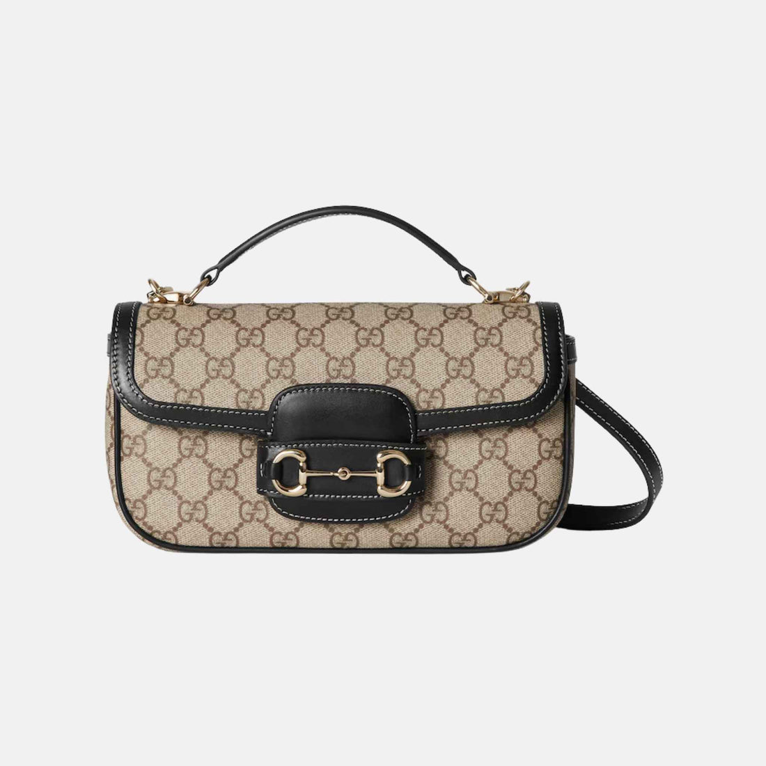 Gucci Horsebit 1955 Small Top Handle Bag In GG Coated Fabric, Black, Front
