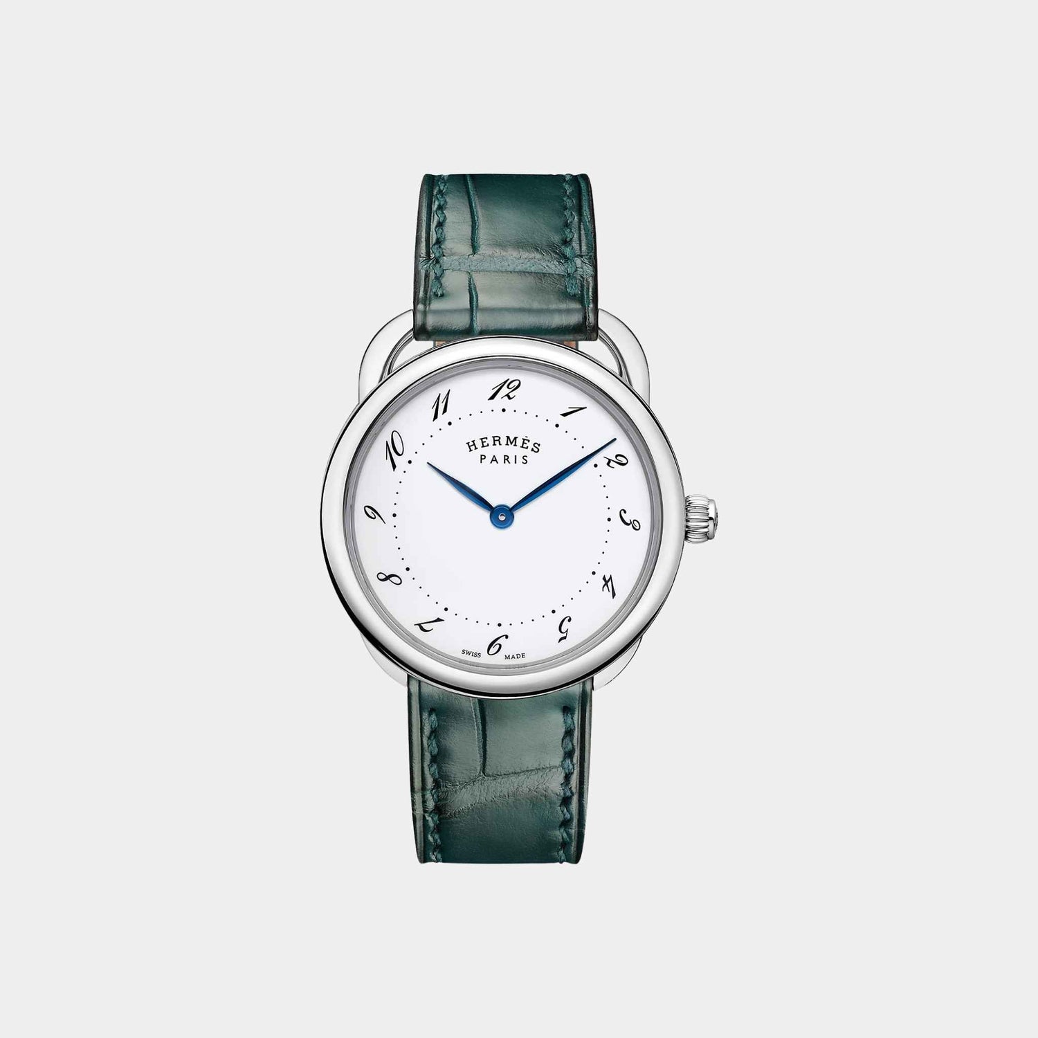 Hermes Arceau 36 mm Steel Watch With Green Matte Alligator Strap