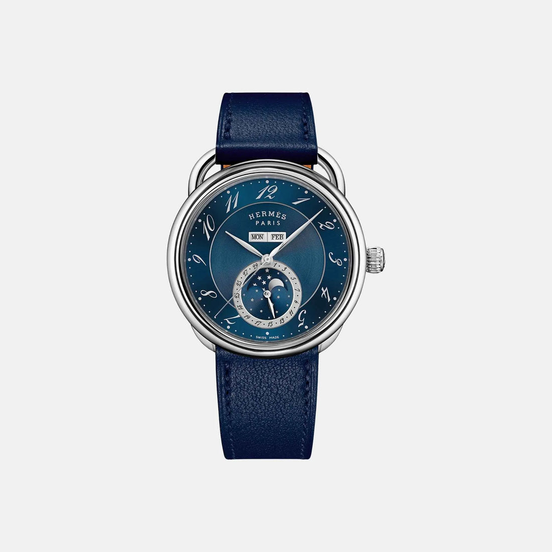 Hermes Arceau Grande Lune Watch 43mm Navy Blue Swift Calfskin Strap