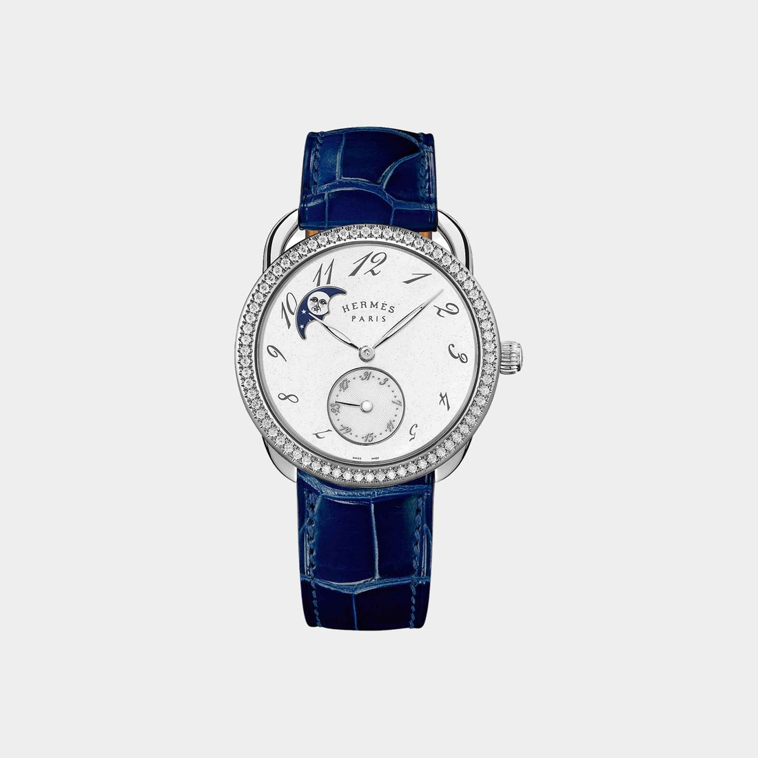 Hermes Arceau Petite Lune Gem-Set Steel Watch With Alligator Strap