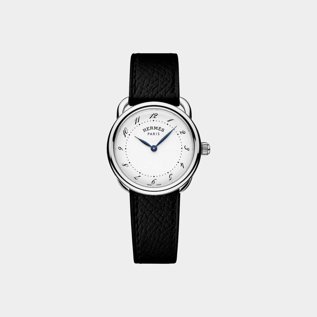 Hermes Arceau Steel 28 mm Watch With Black Epsom Calfskin Strap