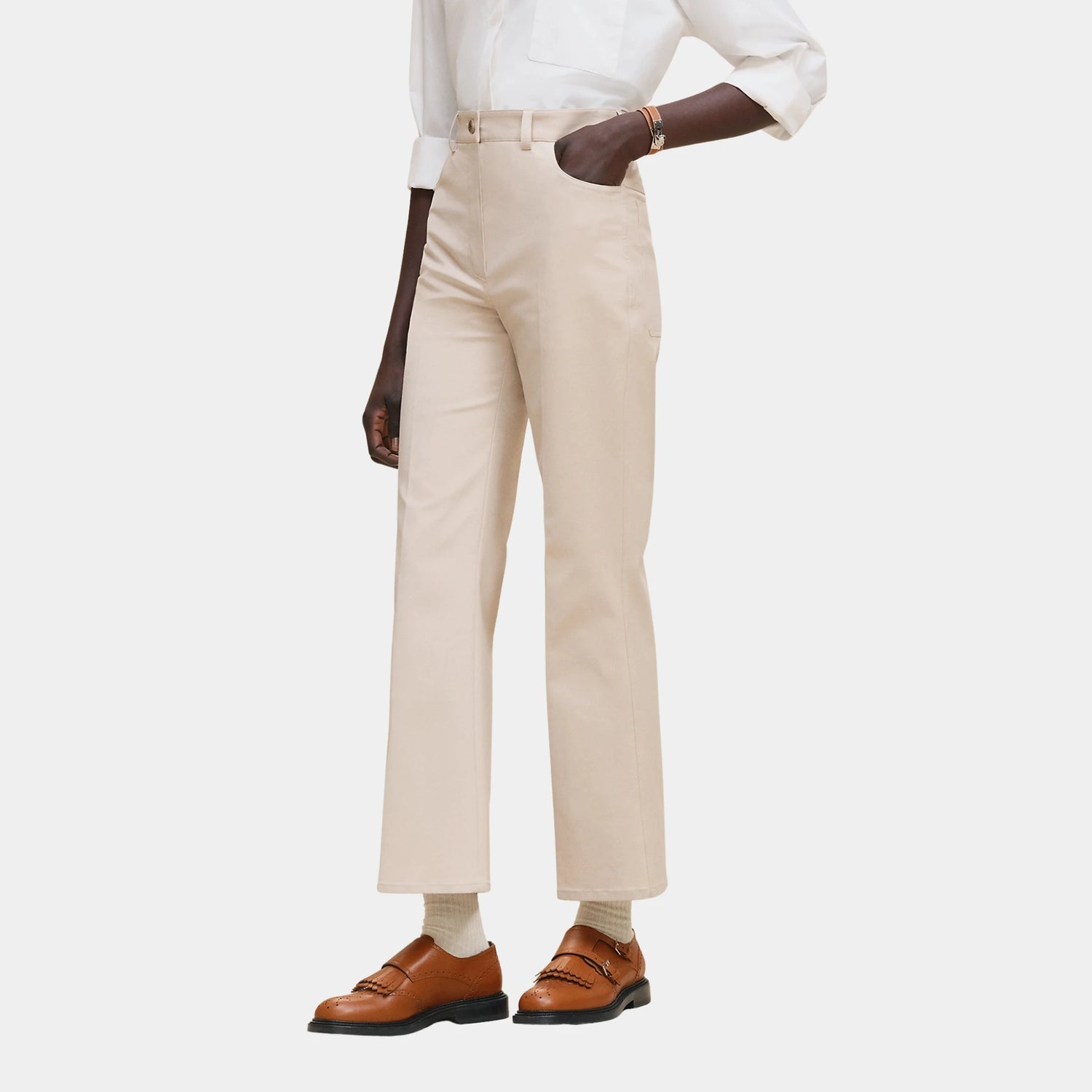 Hermes Bootcut Pants in Double Stretch Cotton Twill, Beige Avoine, Front