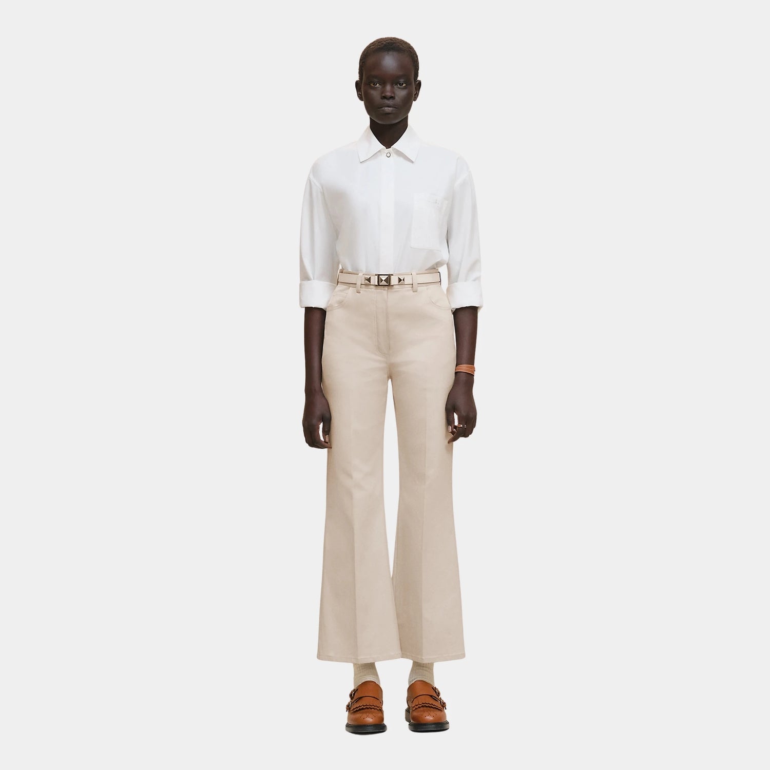 Hermes Bootcut Pants in Double Stretch Cotton Twill, Beige Avoine, Model