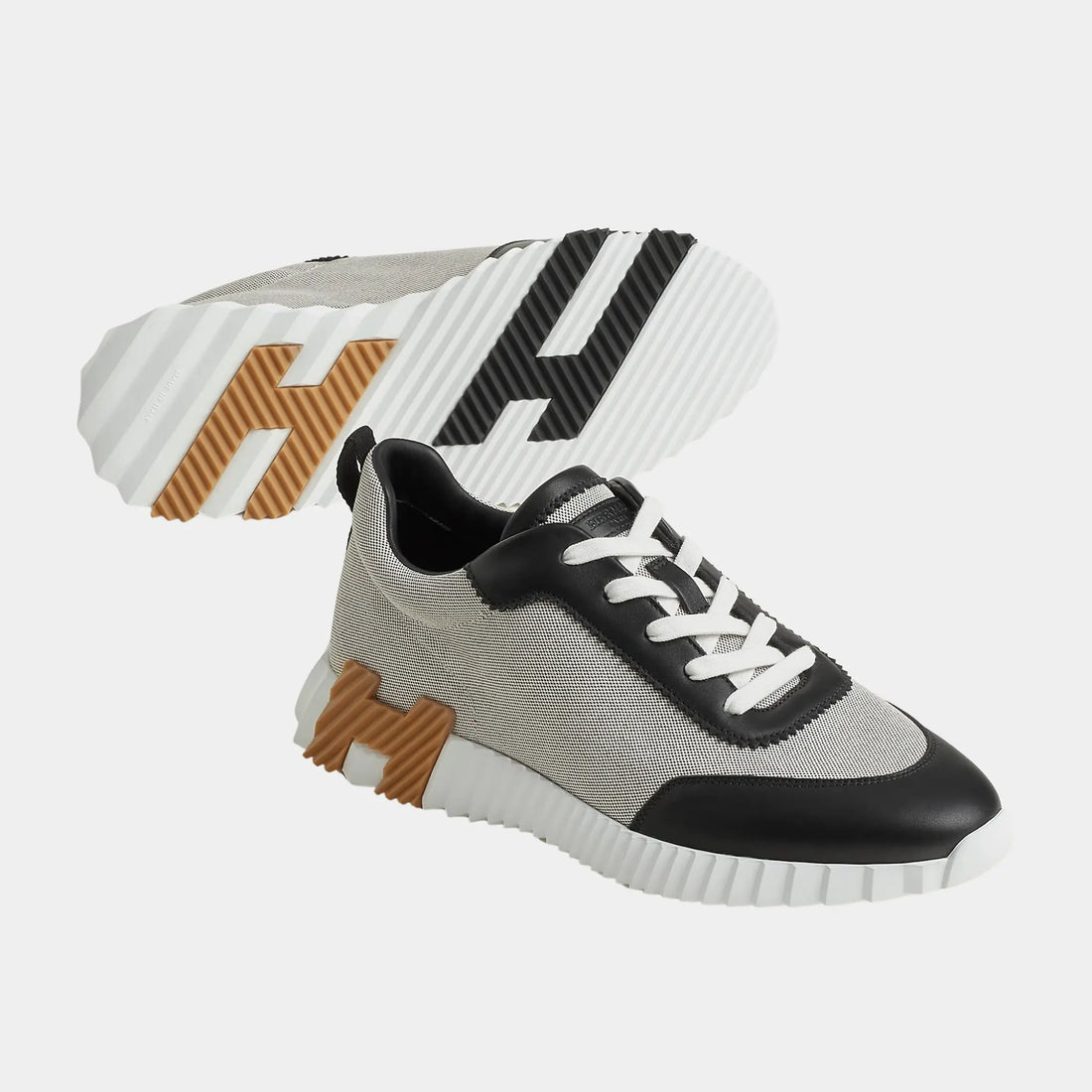 Hermes Bouncing Sneaker in H Canvas and Calfskin, Prunoir, Noir, Front