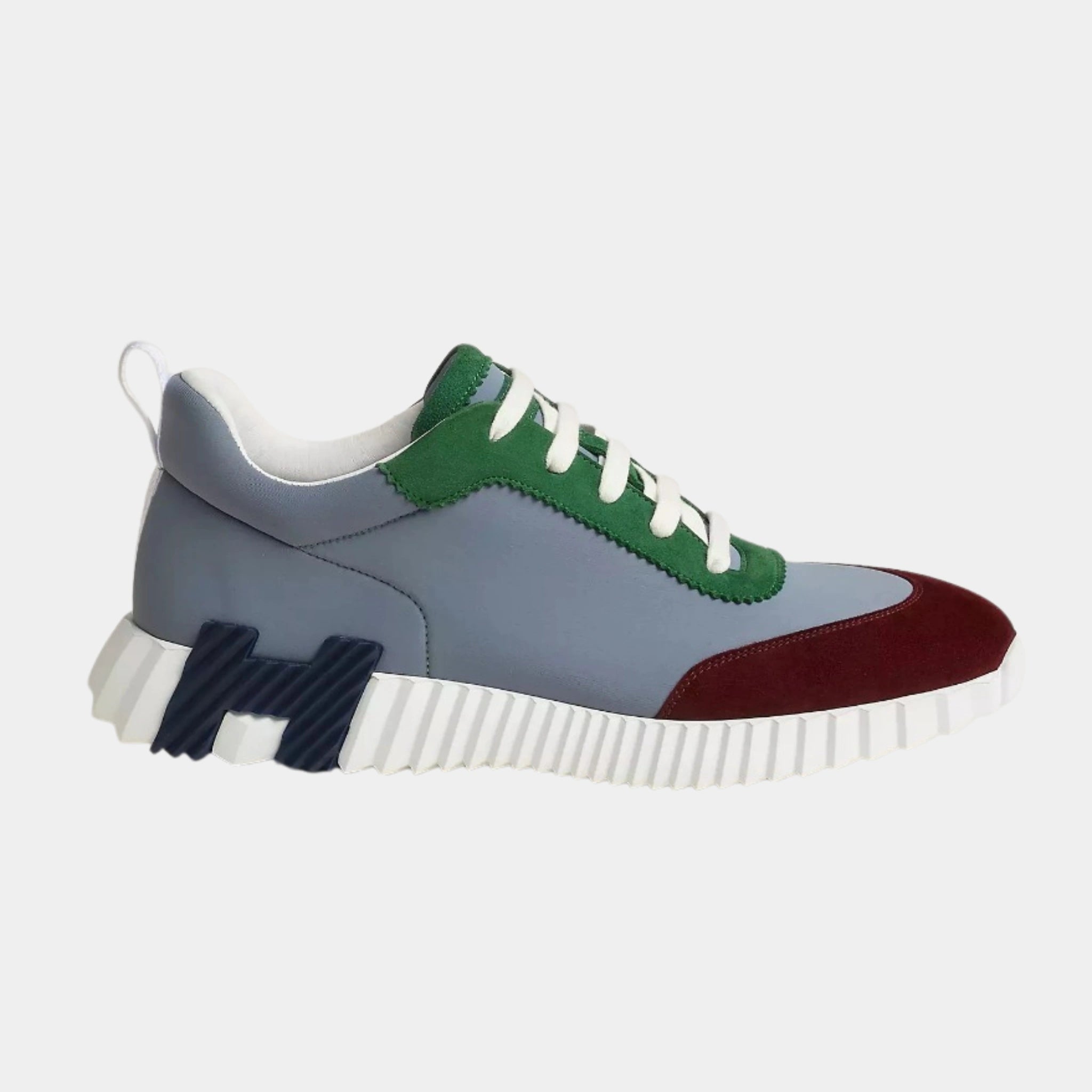 Hermes Bouncing Sneaker in Technical Jersey and Suede Men, Vert, Gris, Bordeaux, Side