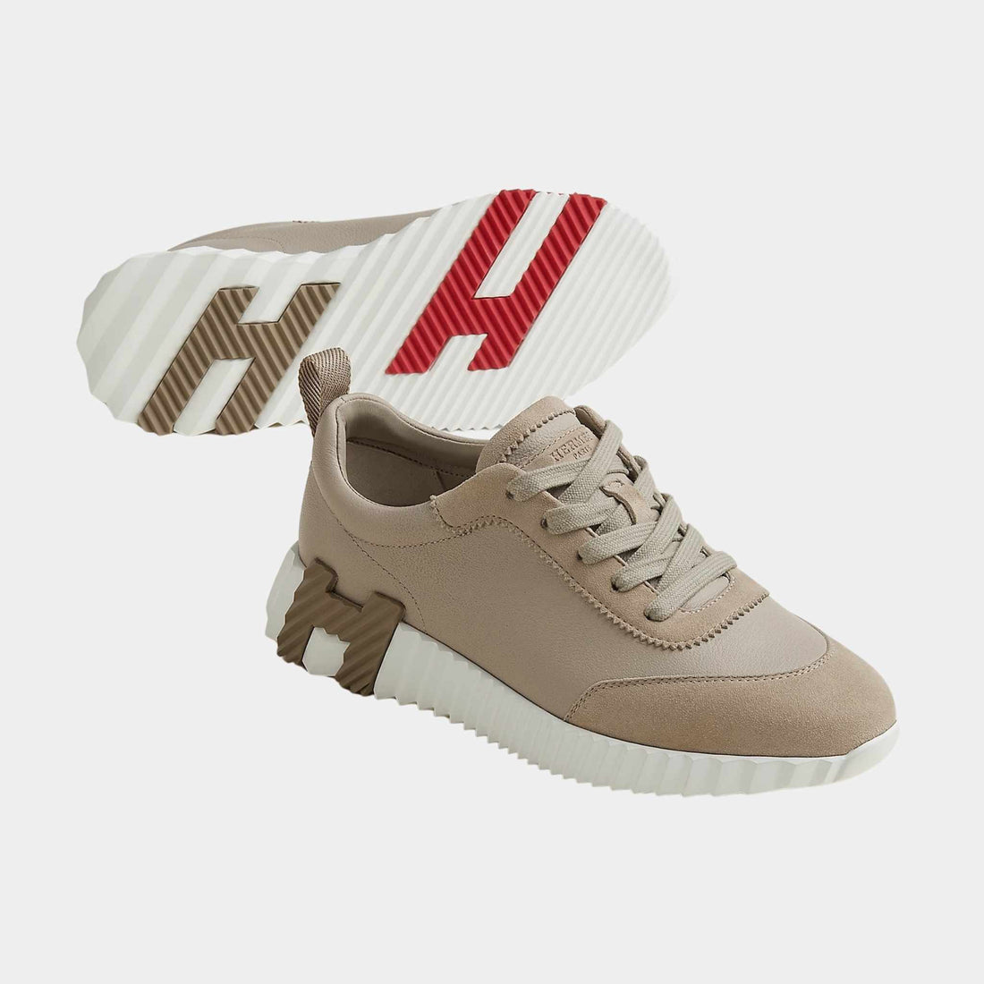 alt
Hermes Bouncing حذاء رياضي من الشمواه وجلد الماعز للنساء، بيج غاليه، من الأمام